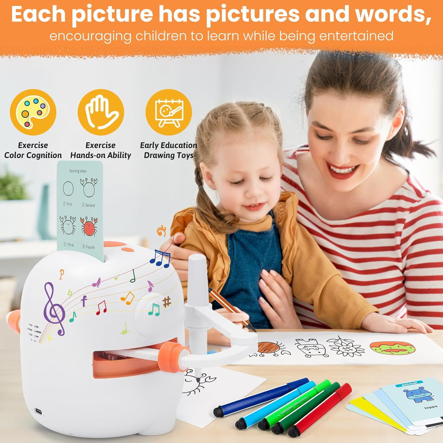 Drawing Robot for Kids with 100 Cards, Voice Interactive Educational Drawing Machine, Montessori Painting Learning Toys for 3 4 5 6 7 8 Year Old Boys Girls Birthday Party image number 2