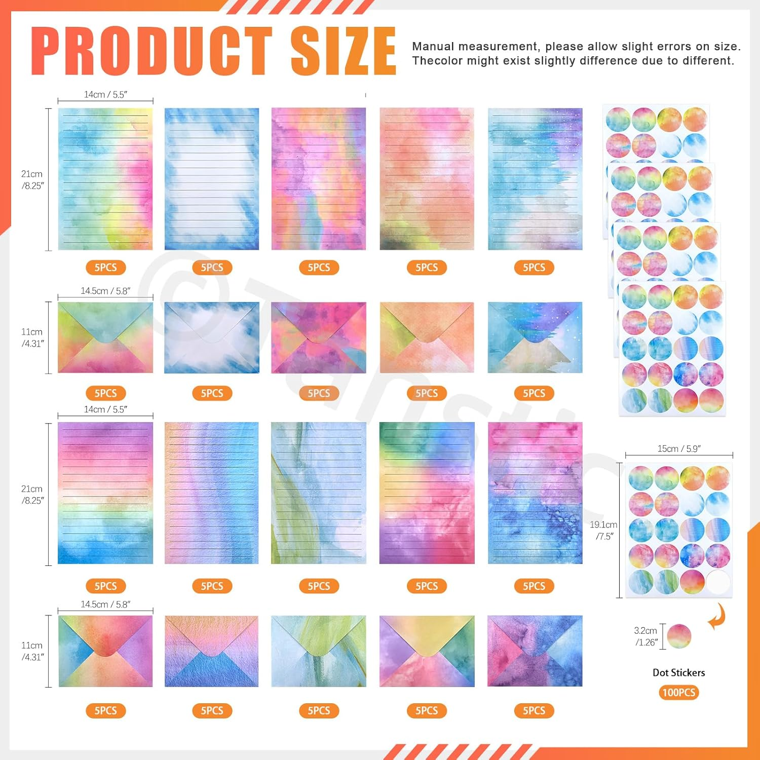 Tanstic 200Pcs(50 Sets) 5.5 X 8.25 Inch Stationery Paper Set Watercolor Stationary Paper and Envelopes Mini Stationery Paper with round Dot Sticker for Invitations, Letters image number 6