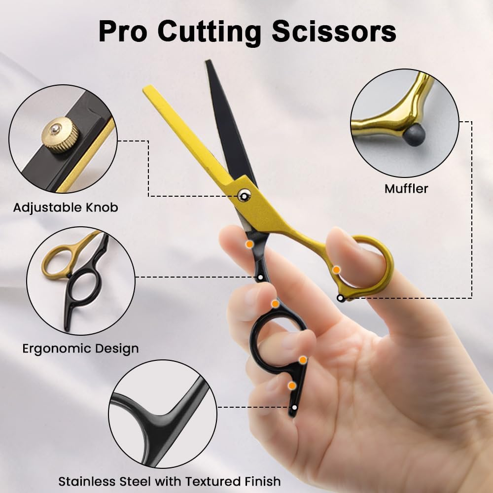 9 PCS Hair Cutting Scissors Kit,Barber Scissors with Black Gold Finish,Stainless Steel Hair Cutting Shears Set in Leather Case for Women Men Pet,Barber Salon and Home image number 6