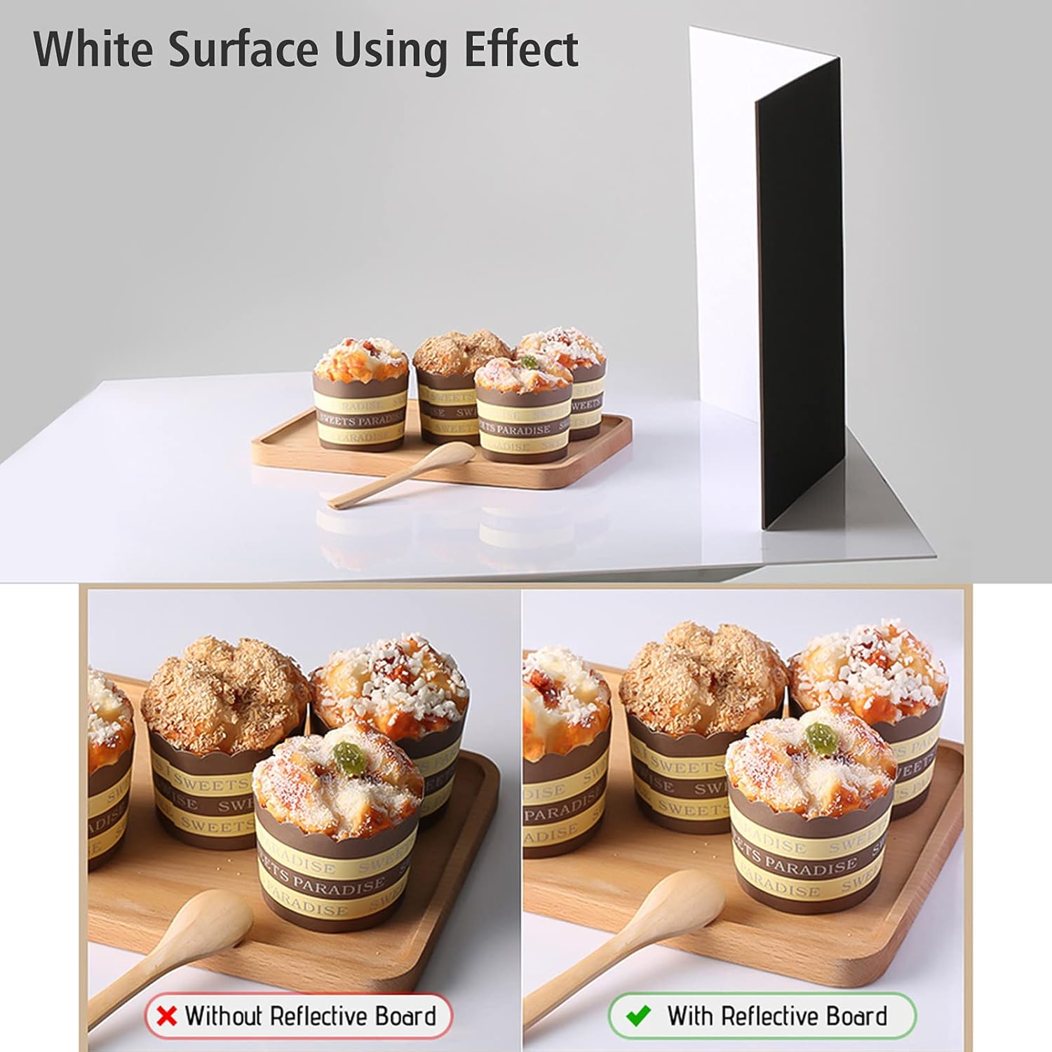 3-In-1 Photography Cardboard Paperboard Folding Photography Reflector Diffuser Board (Black + White + Golden) for Still Life Product Food Photo, A4 Size