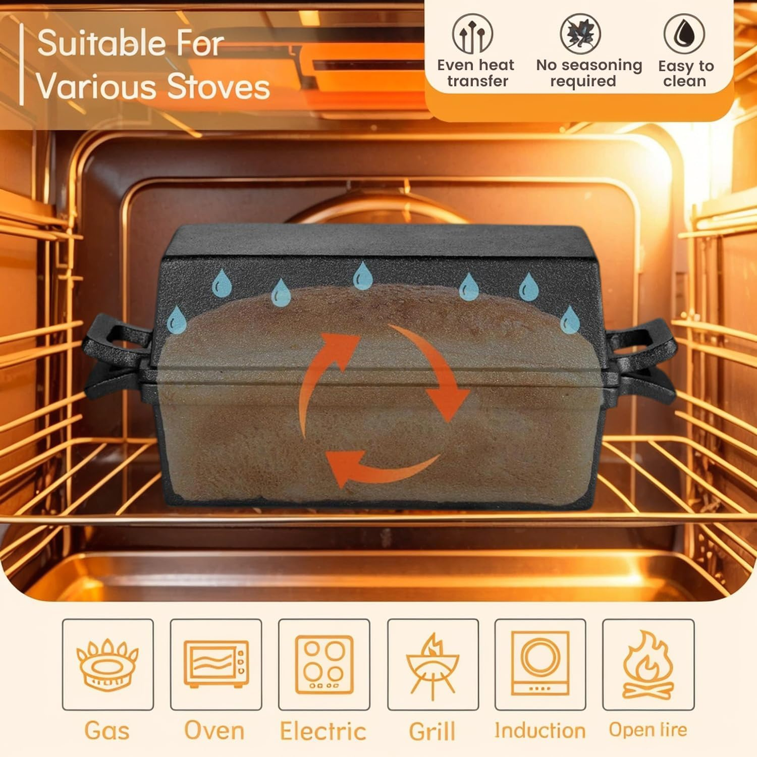 2-In-1 Cast Iron Bread Loaf Pan Tin with Lid &ndash; Dual Use Baking Dish with Ergonomic Handles, Pre-Seasoned for Oven Cooking image number 5