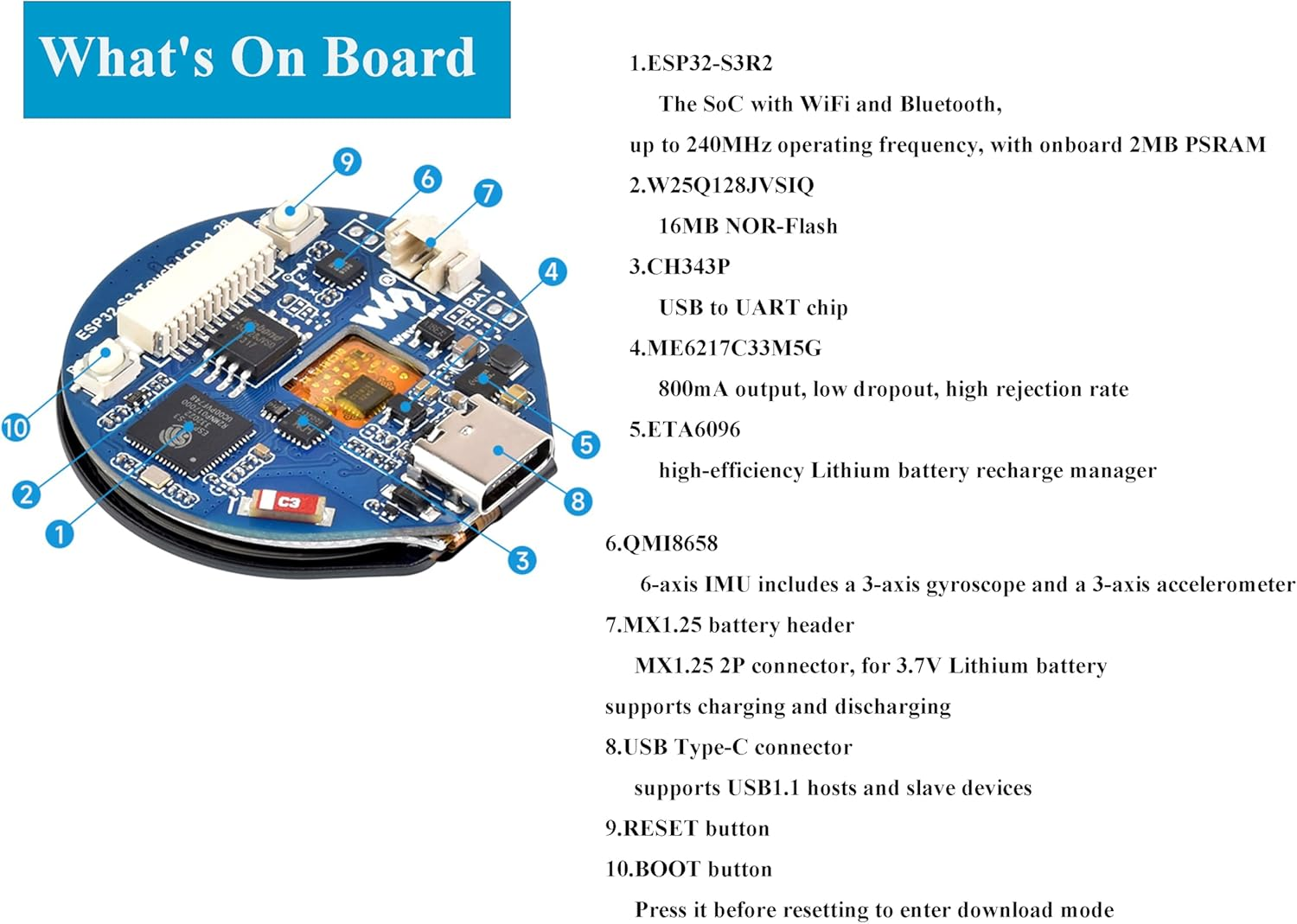 ESP32-S3 Development Board with 1.28Inch round Touch LCD 240&times;240 Pixel 65K RGB Color, 32-Bit LX7 Dual-Core Processor with 6-Axis Sensor, Support 2.4Ghz W-I-F-I (802.11 B/G/N) and Blue-Tooth 5
