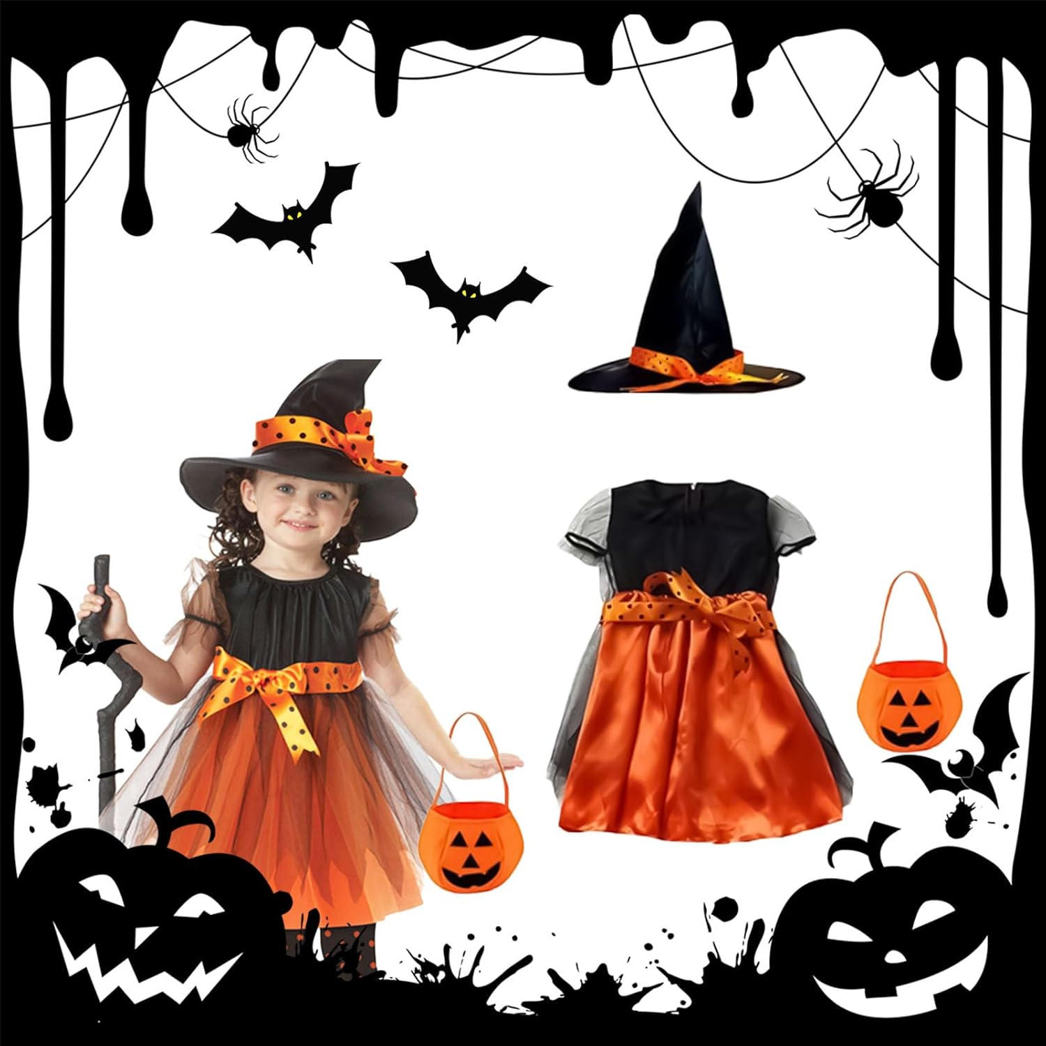 Halloween Witch Dress Children, Witch Costume Girls, Costume Witch Dress Girls with Hat for Halloween, Carnival, Cosplay Party (140)
