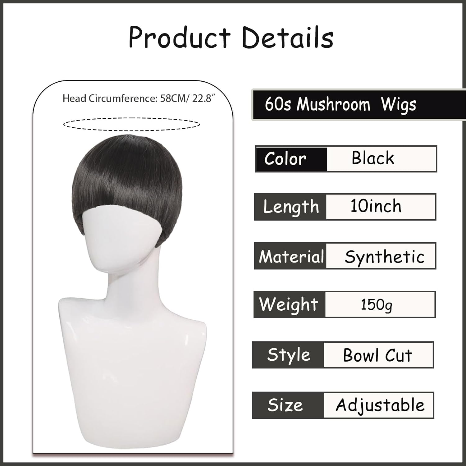 FOUNSHO Short Black Straight Wig for Men Women, Short Mushroom Wig with Full Bang Funny Bowl Cut Hairstyle, Men'S 60S 70S 80S Hair Costume Movie Role Play Fancy Dress Cosplay Party Halloween (Black) image number 5