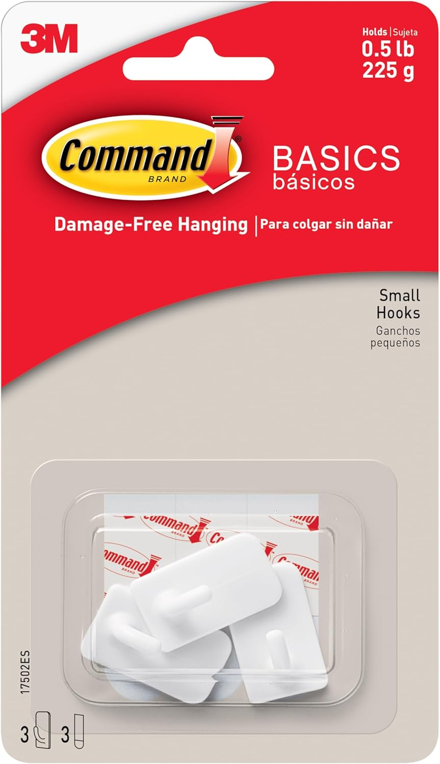 Command Adhesive Basic Wall Hooks 3-Pieces Pack, White, Small