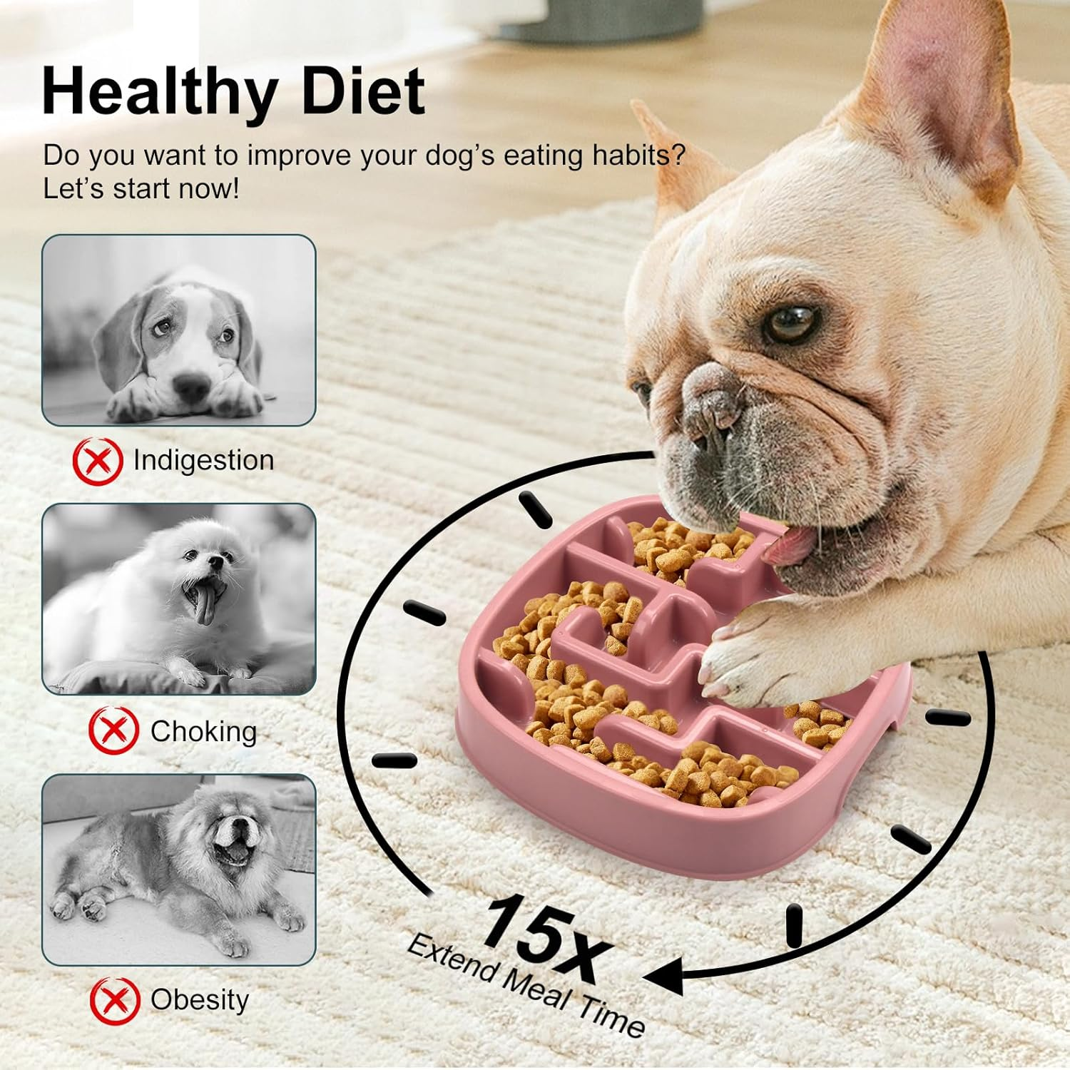 Coolplay Dog Bowl Slow Eating Dog Bowl Slow Eater Dog Bowls Dog Puzzle Square Bowl for Pets Rose Red