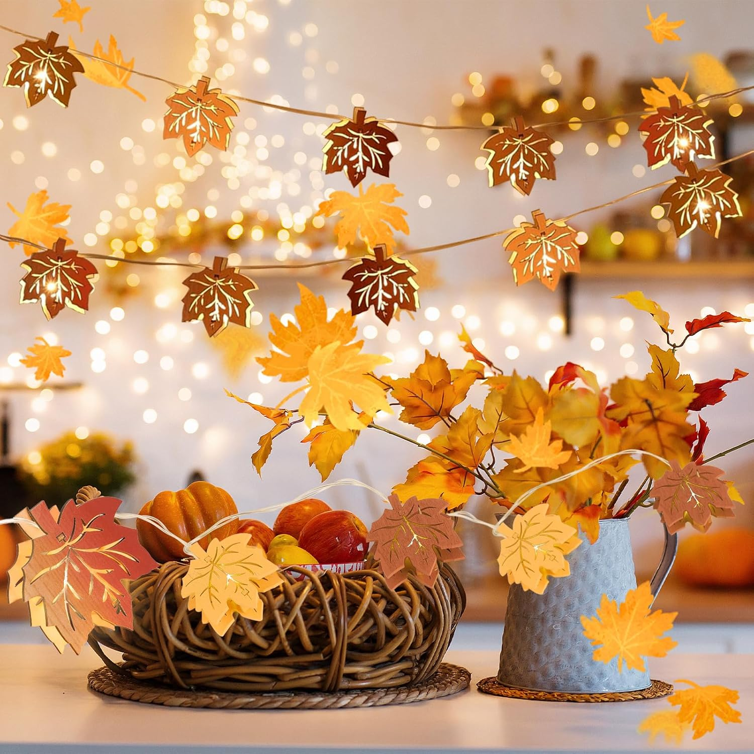 Ydseozoa 1.5 M Autumn Decoration Fairy Lights, Wooden Maple Leaves Fairy Lights, 10 Leds, Artificial Maple Leaf Autumn Hanging Garland for Halloween Thanksgiving and Christmas Decoration image number 5