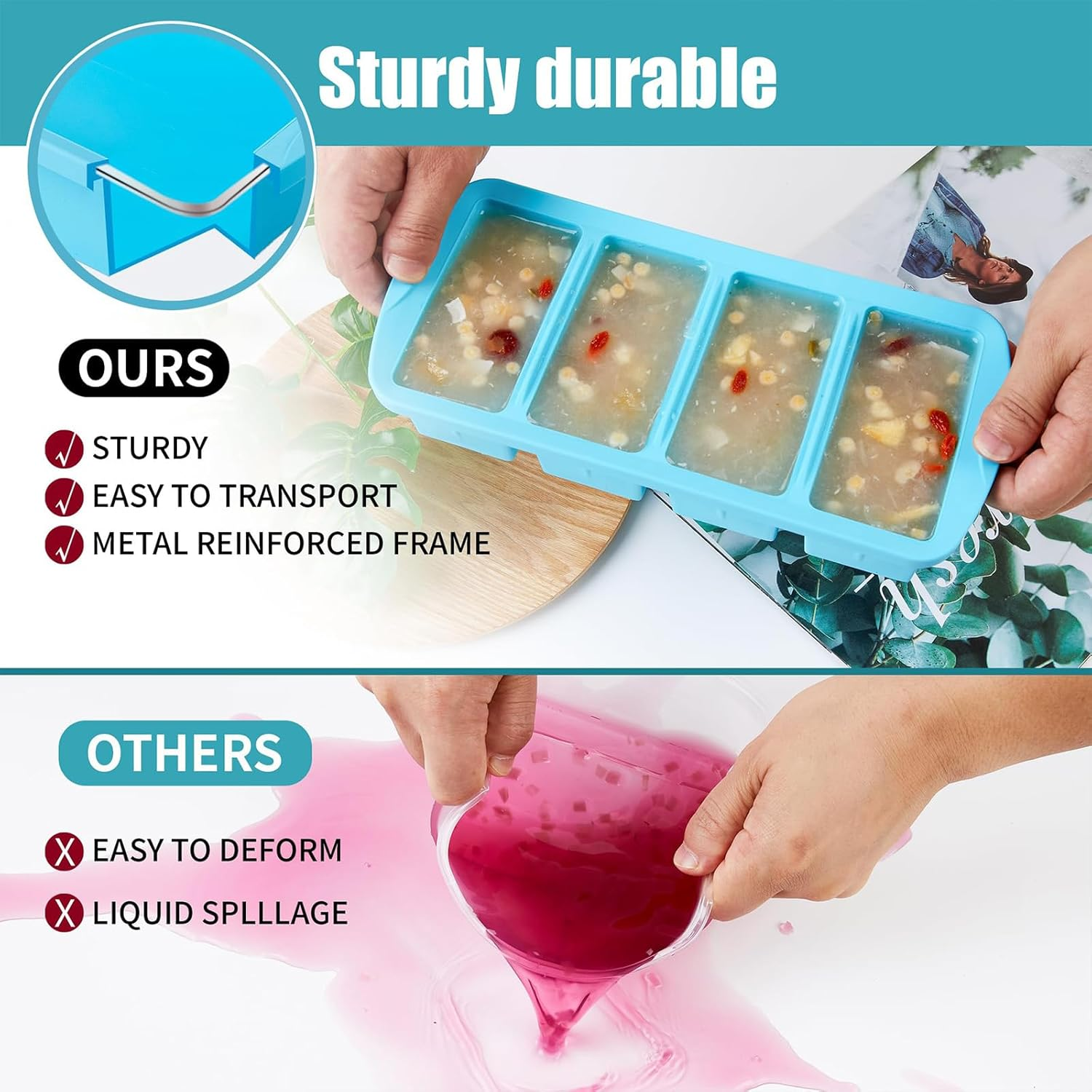 2 Pack Silicone Freezer Tray with Lid, Soup Freezer Container Molds, Large Ice Cube Tray - Makes 8 Perfect 250Ml Portions Cubes for Freezing Soup, Stews & Sauces, Oven&Dishwasher-Safe image number 5