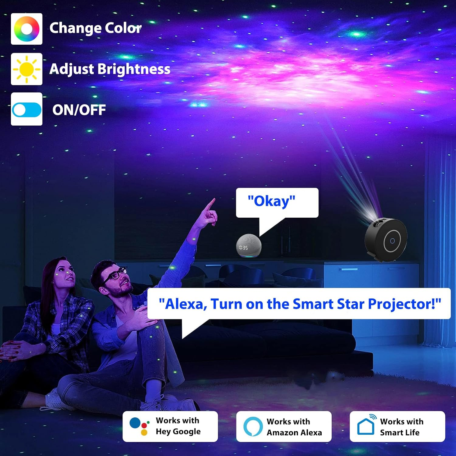 Smart Star Projector Galaxy Light, LED Starry Sky Night Light Control by Wifi App and Voice, Compatible with Alexa & Google Home, Adjustable Cloud Stars, Brightness and Time (Black) image number 1