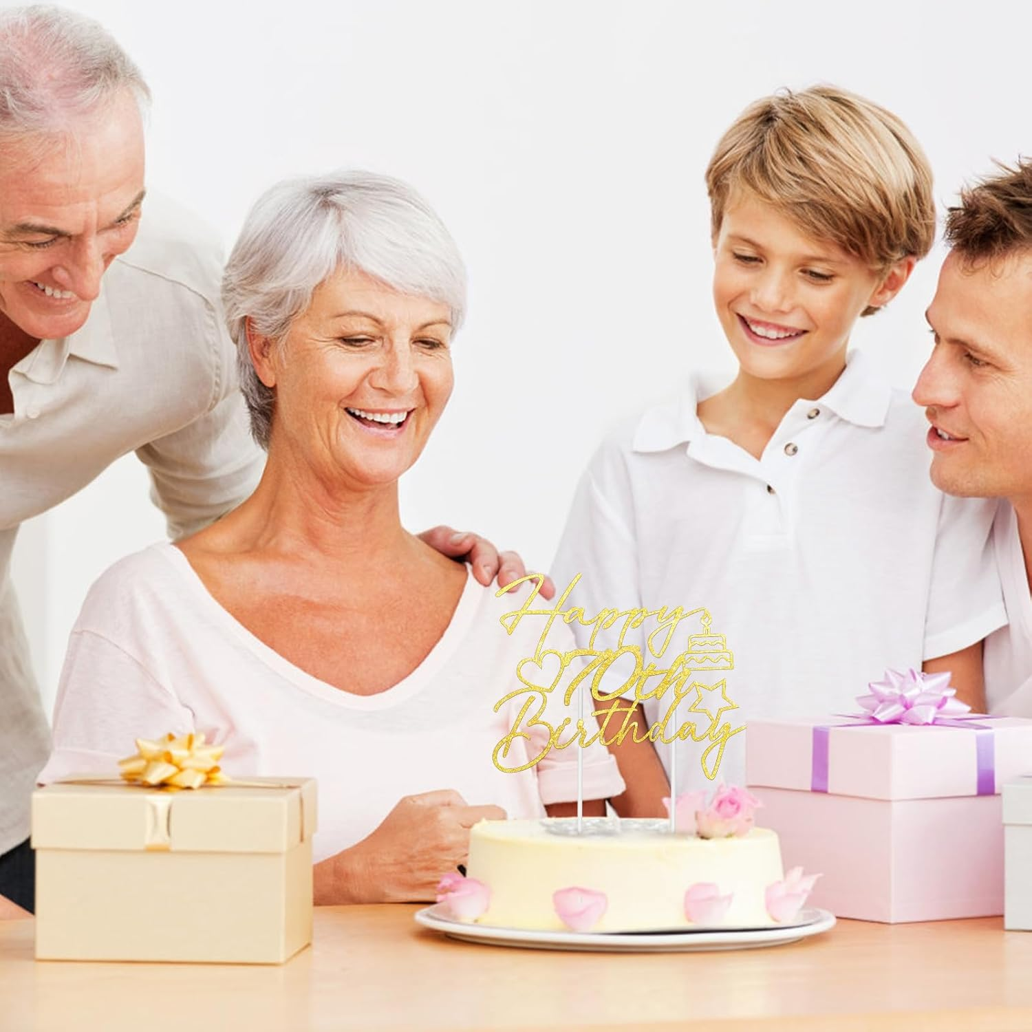 Buziba Happy 70Th Birthday Cake Toppers Gold Glitter Heart Star Cake Decorations for Birthday Themed Party Supplies (70Th)