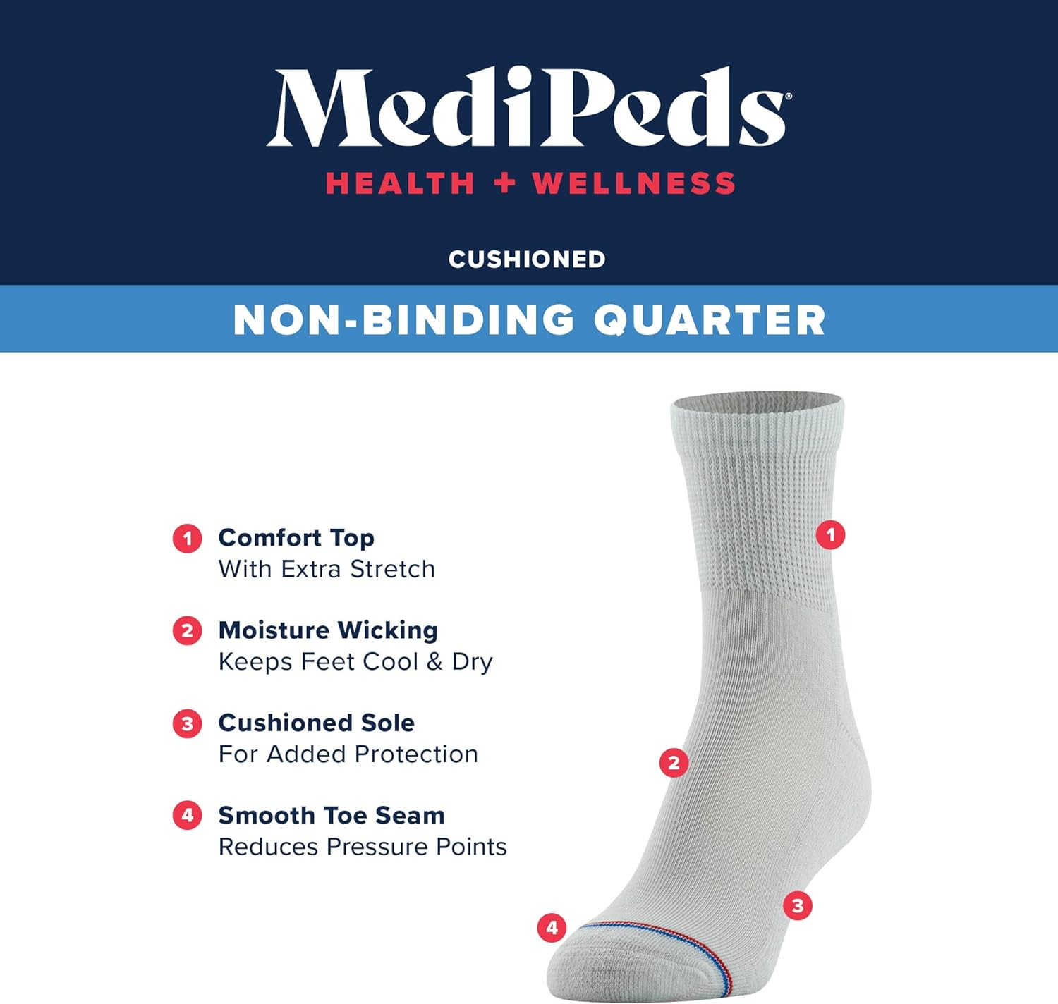 Medipeds Mens 8577 8 Pack Diabetic Quarter Socks with Non-Binding Top Socks image number 4