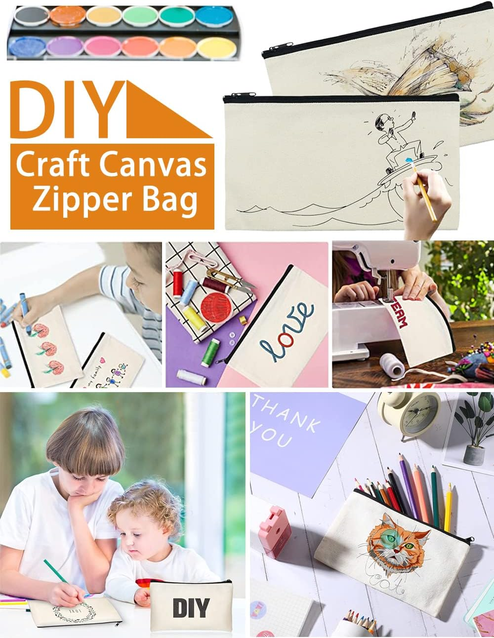 40 PCS Canvas Zipper Pouch, 10*20CM Blank DIY Craft Pen Bag, Graffiti Stationery, Makeup, Storage Pencil Case, Multi-Purpose Cosmetic for Travel Work image number 6