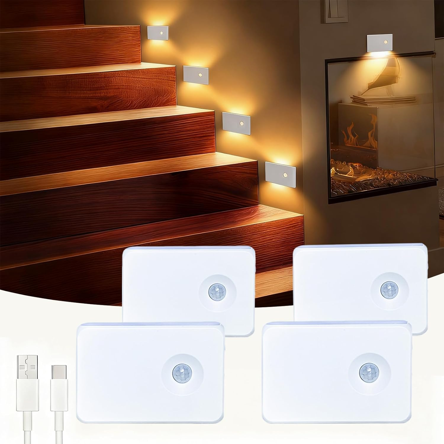 Motion Sensor Night Light, 600Mah Rechargeable Night Lights with Magnetic Base & Dusk to Dawn Sensor, Wireless Stair Lights Indoor Stick on Wall Night Lamp for Stairway Hallway Bedroom (4 Packs) image number 1
