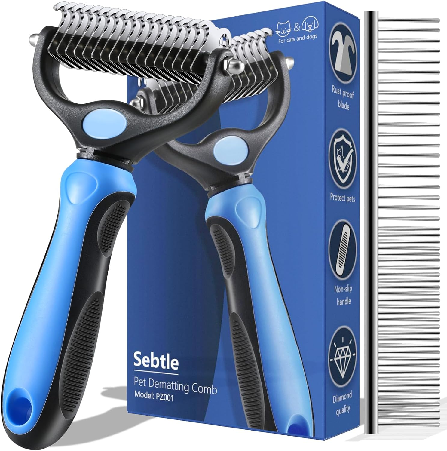 Sebtle Pet Grooming Brush, Double Sided Shedding and Dematting Undercoat Rake Comb, Deshedding Pet Brush for Dogs Cats Removes Knots & Tangles (Azure with a Comb) image number 1
