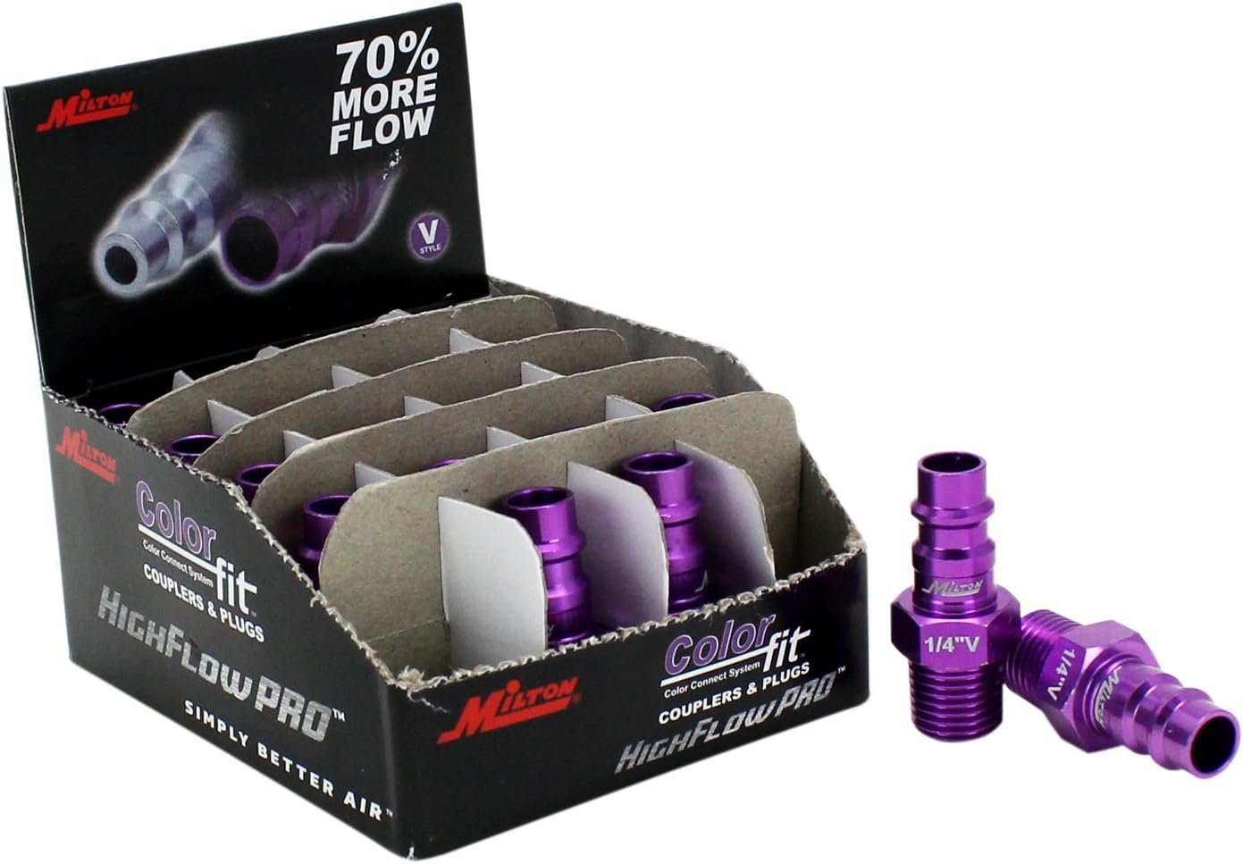 Milton 760VC-20 Colorfit Highflowpro Plugs, V-Style Purple, 1/4'' NPT Male, Box of 20 image number 1