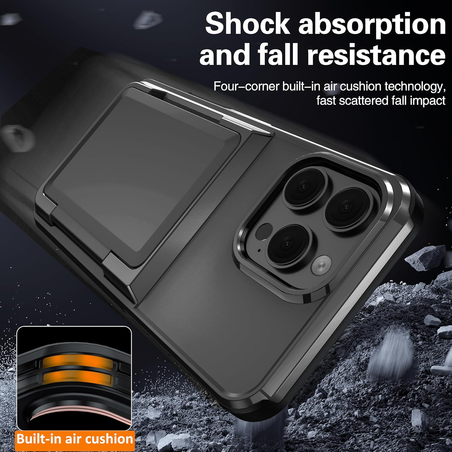 For Iphone 16 Pro Case with Credit Card Holder (3 Cards) &Kickstand, Military Grade Drop Protection, Rugged Hard Back for Iphone 16 Pro Wallet Phone Case, 6.3" 2024