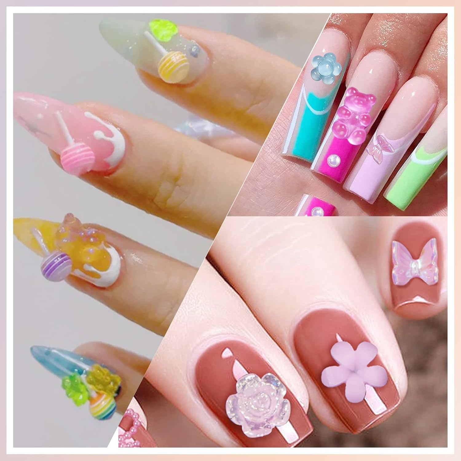 3D Assorted Pearls Cute Bear Lollipop Candy Nail Charms for Manicure Crafts Accessories Set - Colorful Flower Heart Butterfly Bow Star Nail Charms image number 5