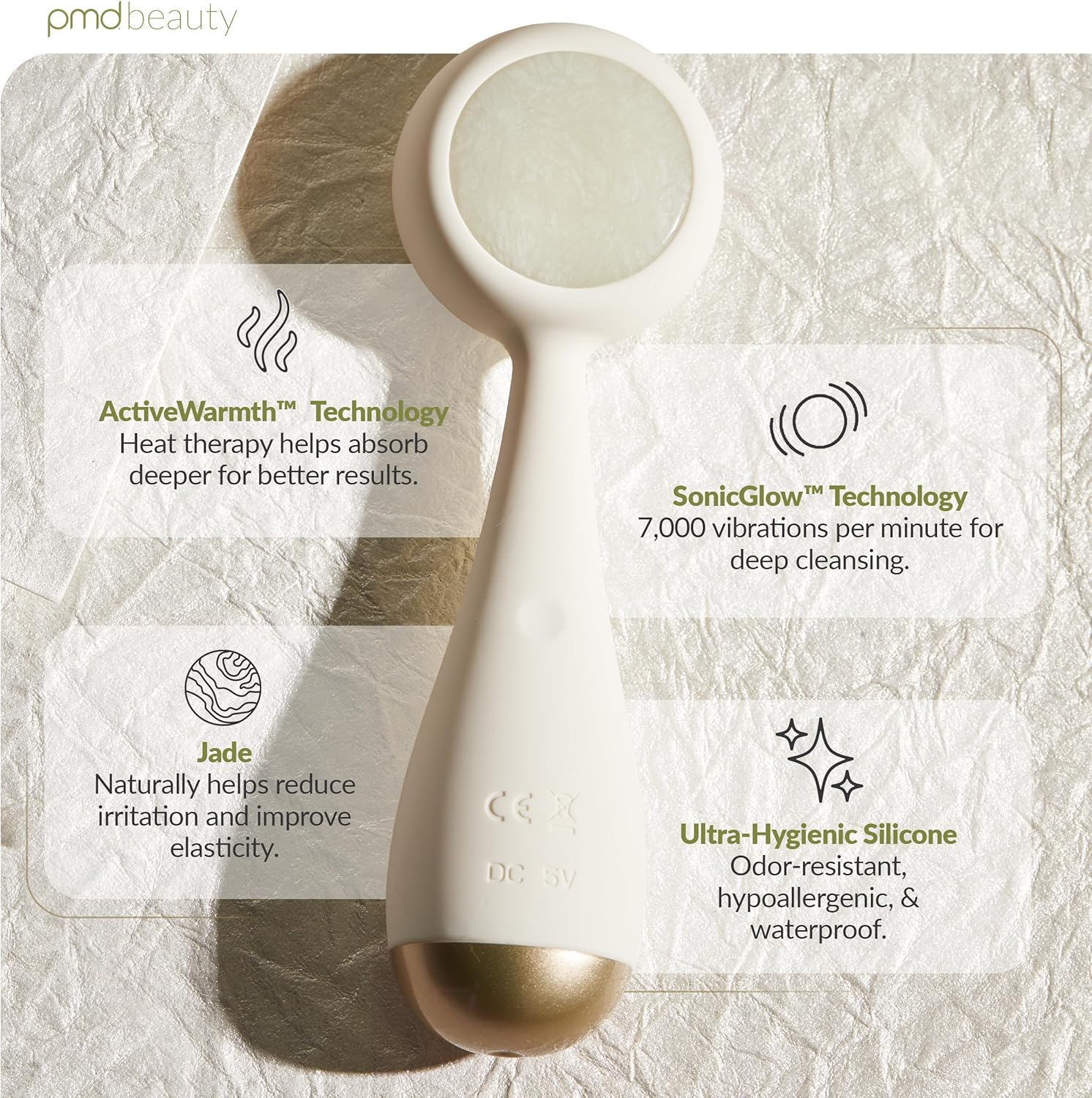 PMD Clean Pro Jade - Smart Facial Cleansing Device with Silicone Brush & Jade Gemstone Activewarmth Anti-Aging Massager - Waterproof - Sonicglow Vibration - Lift, Firm, and Tone Skin on Face and Body - Cream image number 4