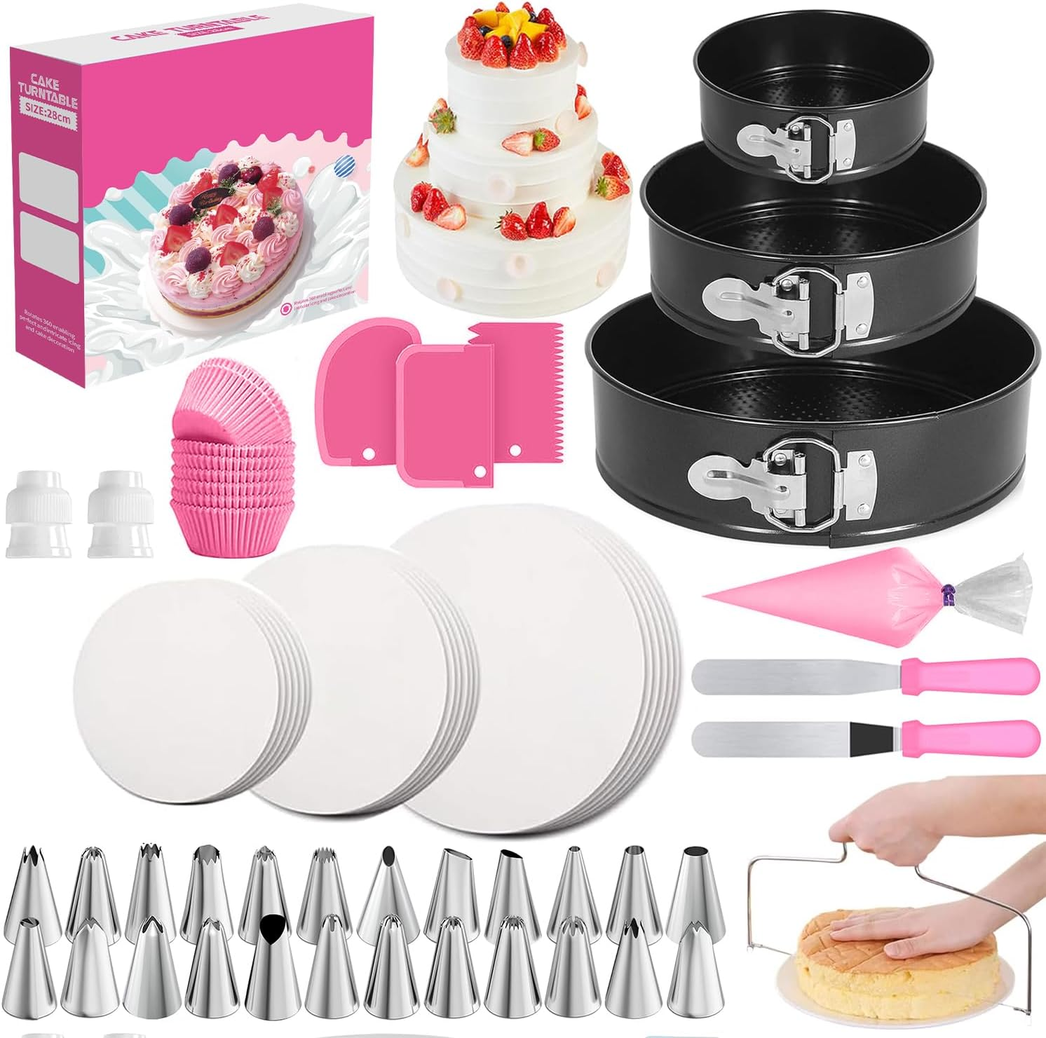 150PCS Cake Pan Set for Baking, Cake Decorating Supplies, 3 Non-Stick Springform Cake Pan, 24 Icing Tips, Cake Leveler, 2 Spatula, 3 Scrappers & More, Cake Decorating Kit Baking Supplies Tools image number 5