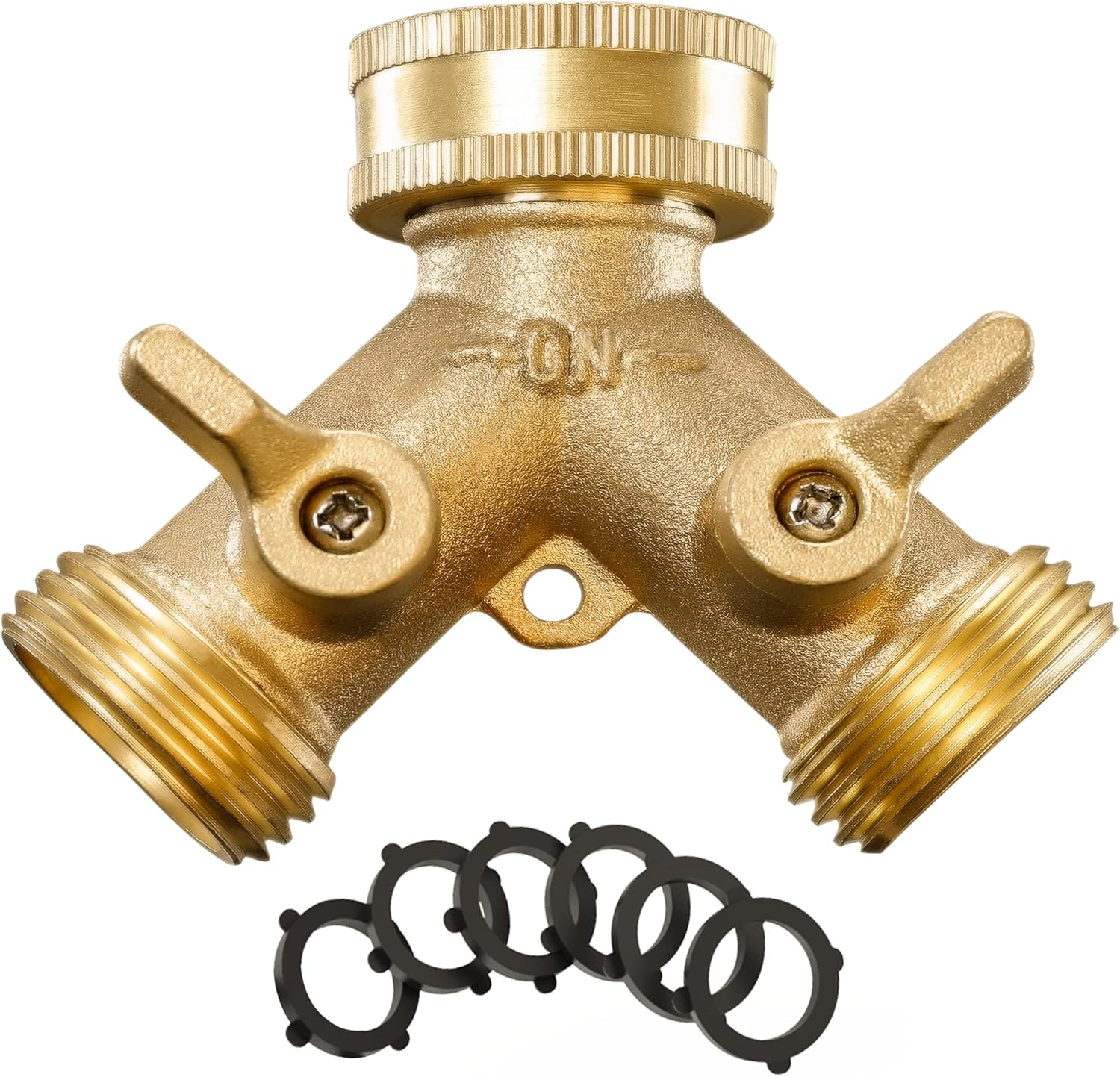 IPOW Solid Brass Body Backyard 2 Way Y Valve Garden Hose Connector Splitter Adapter + Extra 4 Rubber Hose Washers with Comfort Grip, 2 Pack