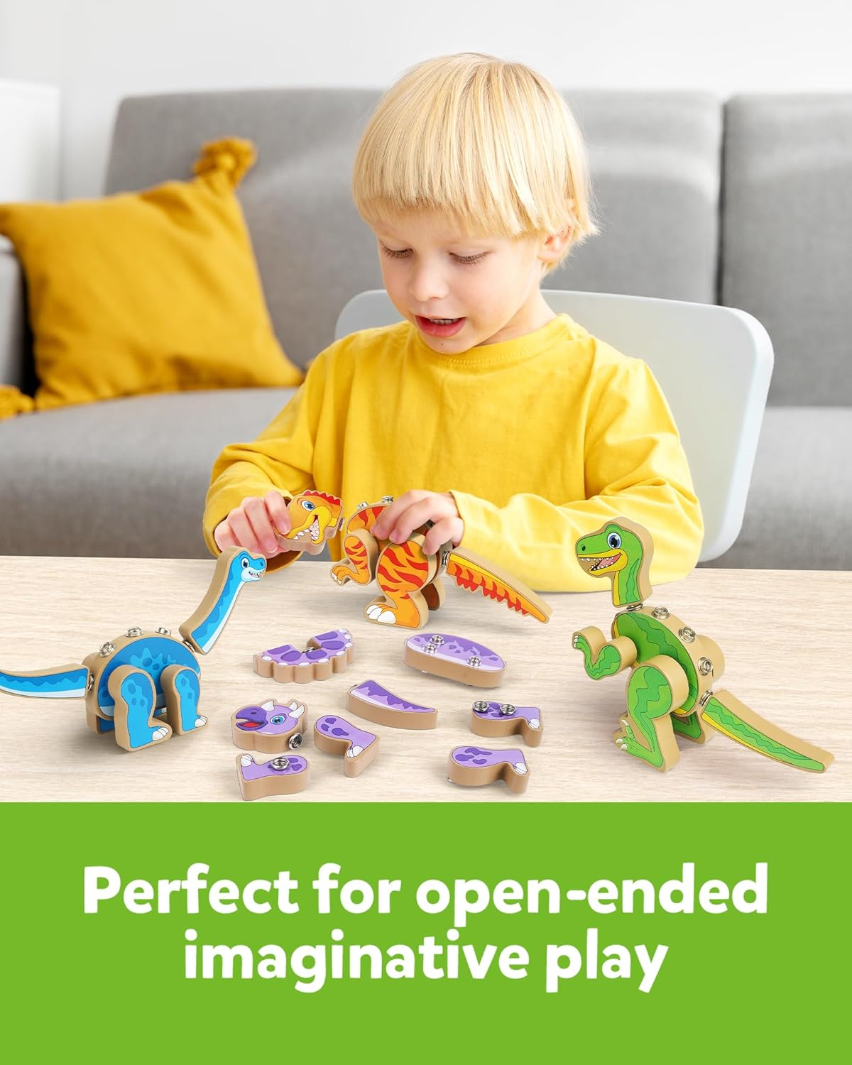 Coogam Build Your Own Dinosaurs Toy, Snap Together Building Dinosaurs Playset, Wooden STEM Take Apart Dinosaur Builder, Fine Motor Building Toy for 3 4 5 Years Old Kids image number 2