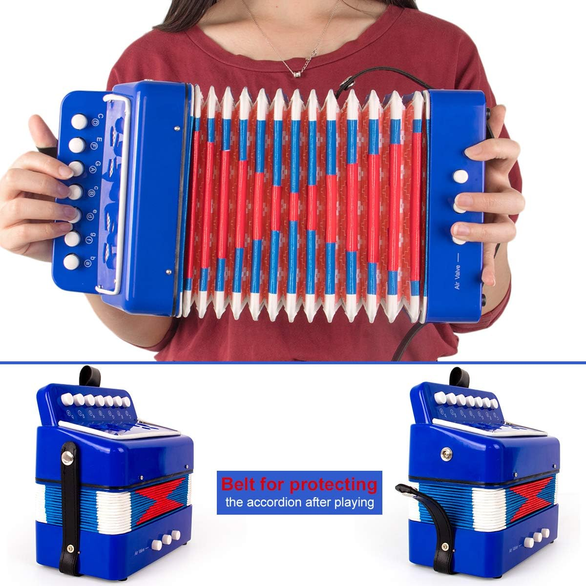 Button Accordion, Horse 10 Keys Control Kids Accordion Musical Instruments for Kids Children Beginners Lightweight and Environmentally-Friendly (Blue) - Blue image number 6
