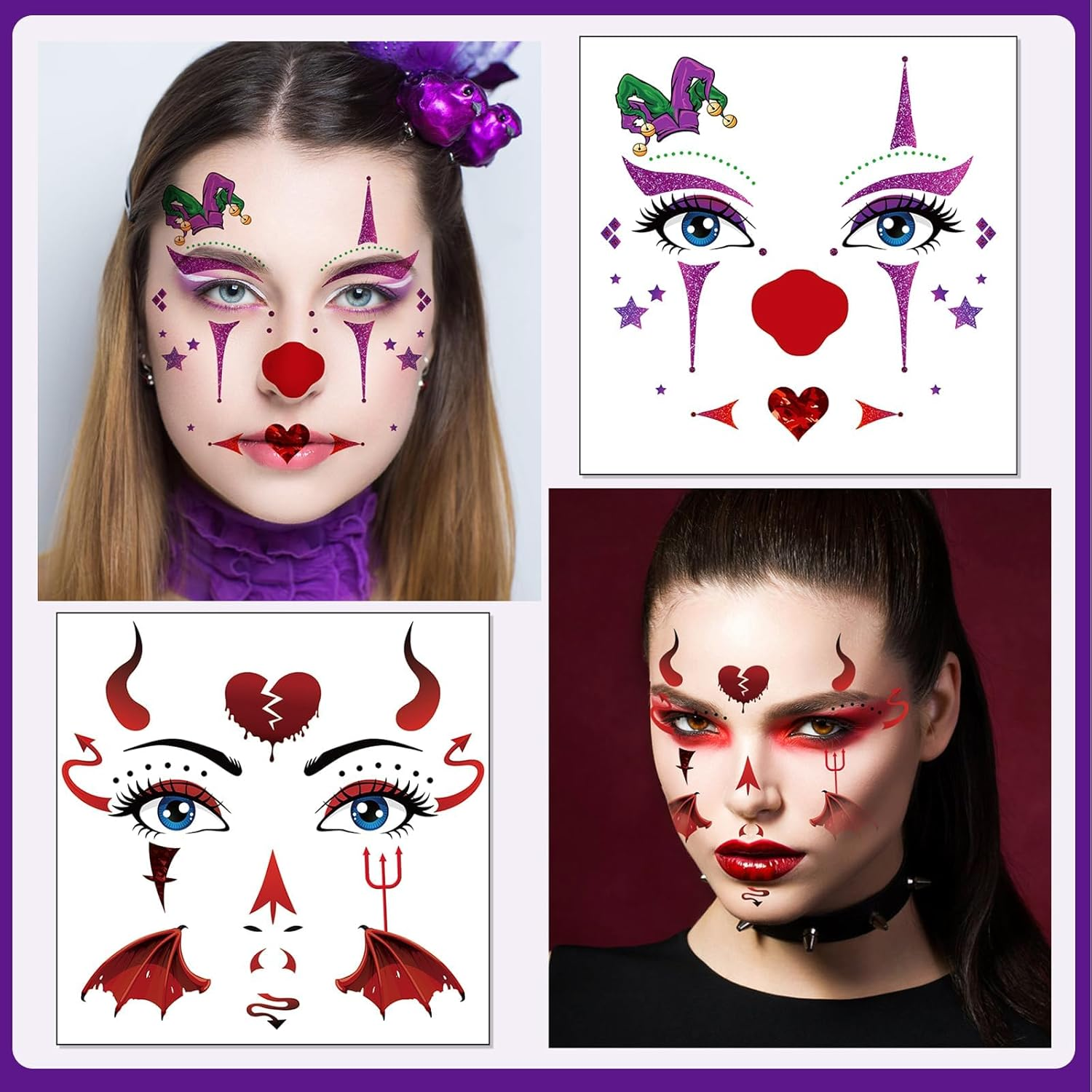 10 Halloween Face Tattoos & Stickers - Day of the Dead, Spider Bat Devil Clown Scar Tattoos for Halloween Makeup & Costumes image number 4