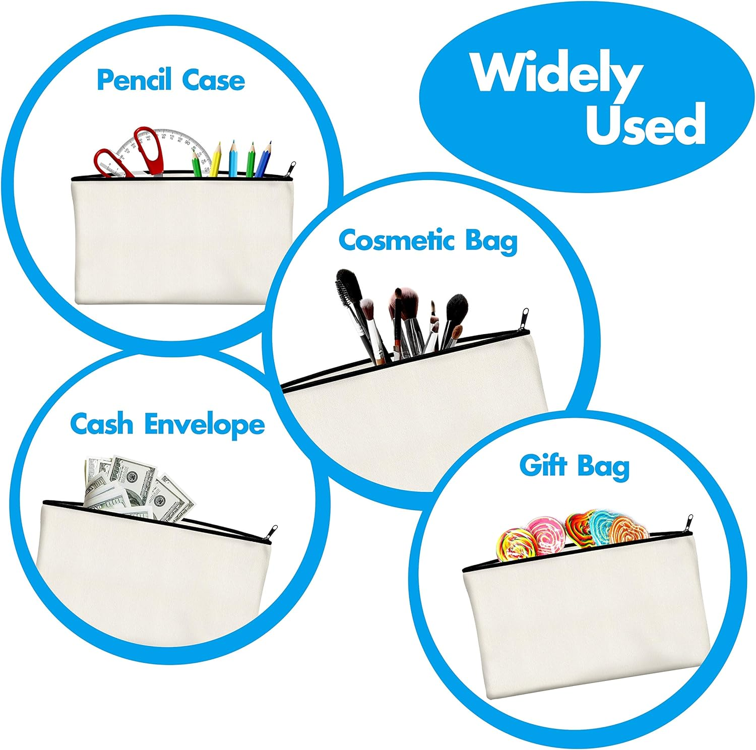 Vantasii 15 Pack Blank Cotton Canvas DIY Craft Zipper Bags Pouches Pencil Case for Makeup Cosmetic Toiletry Stationary Storage (Off White, 8.3&rdquo; X 4.7&rdquo;)