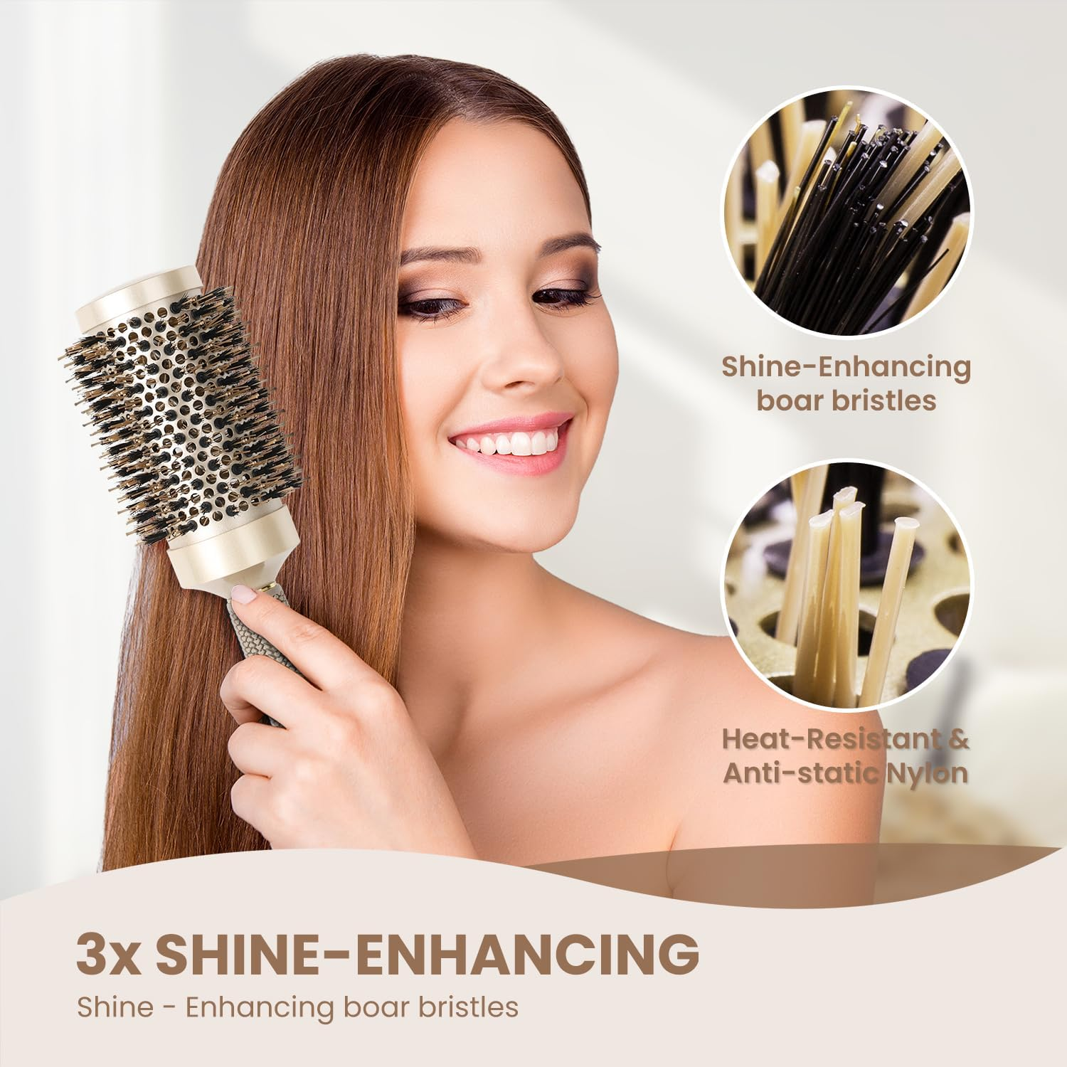 AIMIKE round Brush, Nano Thermal Ceramic & Ionic Tech Hair Brush, round Barrel Brush with Boar Bristles, Enhance Texture for Hair Drying, Styling, Curling and Shine (Barrel 2.1 Inch) + 4 Free Clips By image number 3