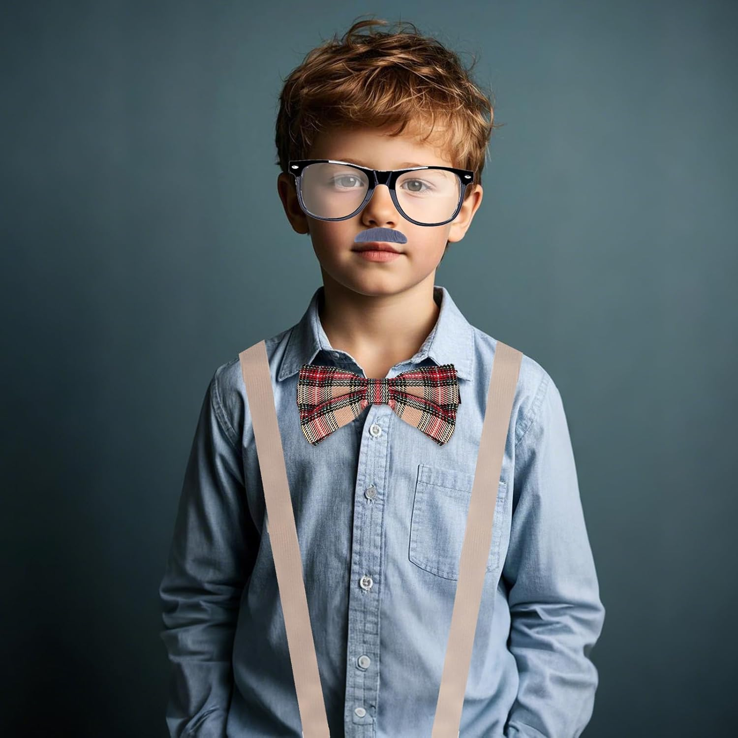 Kids Old Man Costume Set Grandpa Dress up Accessories Kit Glasses Suspenders Bow Tie Mustache Eyebrows Men image number 1