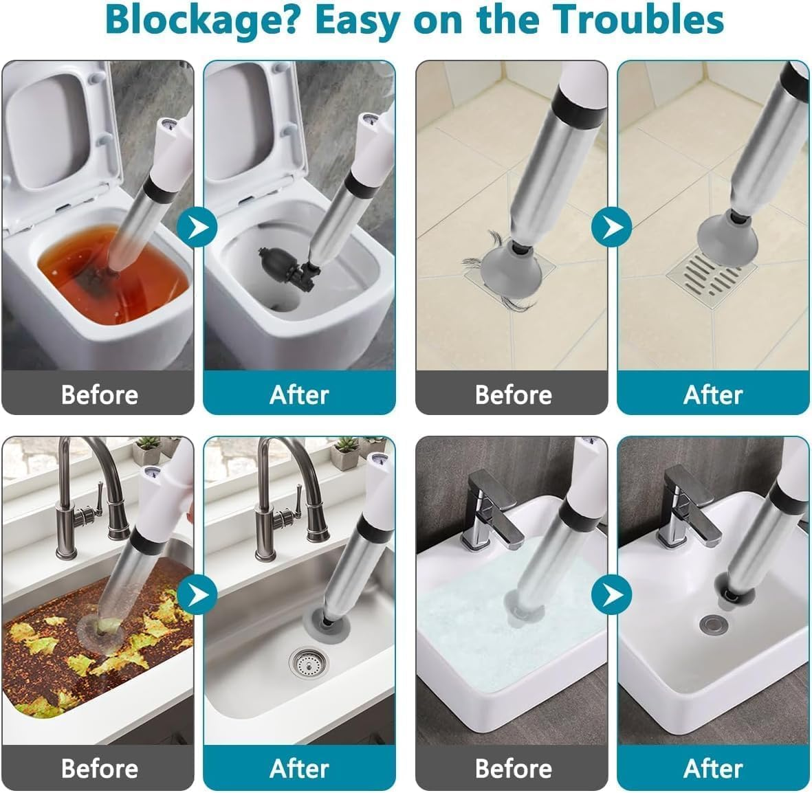 Toilet Plunger, High Pressure Drain Unclogging Tool, Stainless Steel Toilet Unclogger 4 Nozzle Attachments for Sink, Shower & Pipe Blockages | Visual Barometer | Easy-Store Design (Black) image number 6