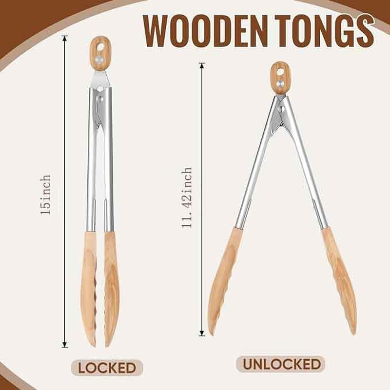 Cooking Tongs (2) Wooden Kitchen Tongs Long Handle with Non-Slip Grip,Wooden Utensil Set for Serving Salad Desserts Flipping Burgers Grilling Etc image number 5