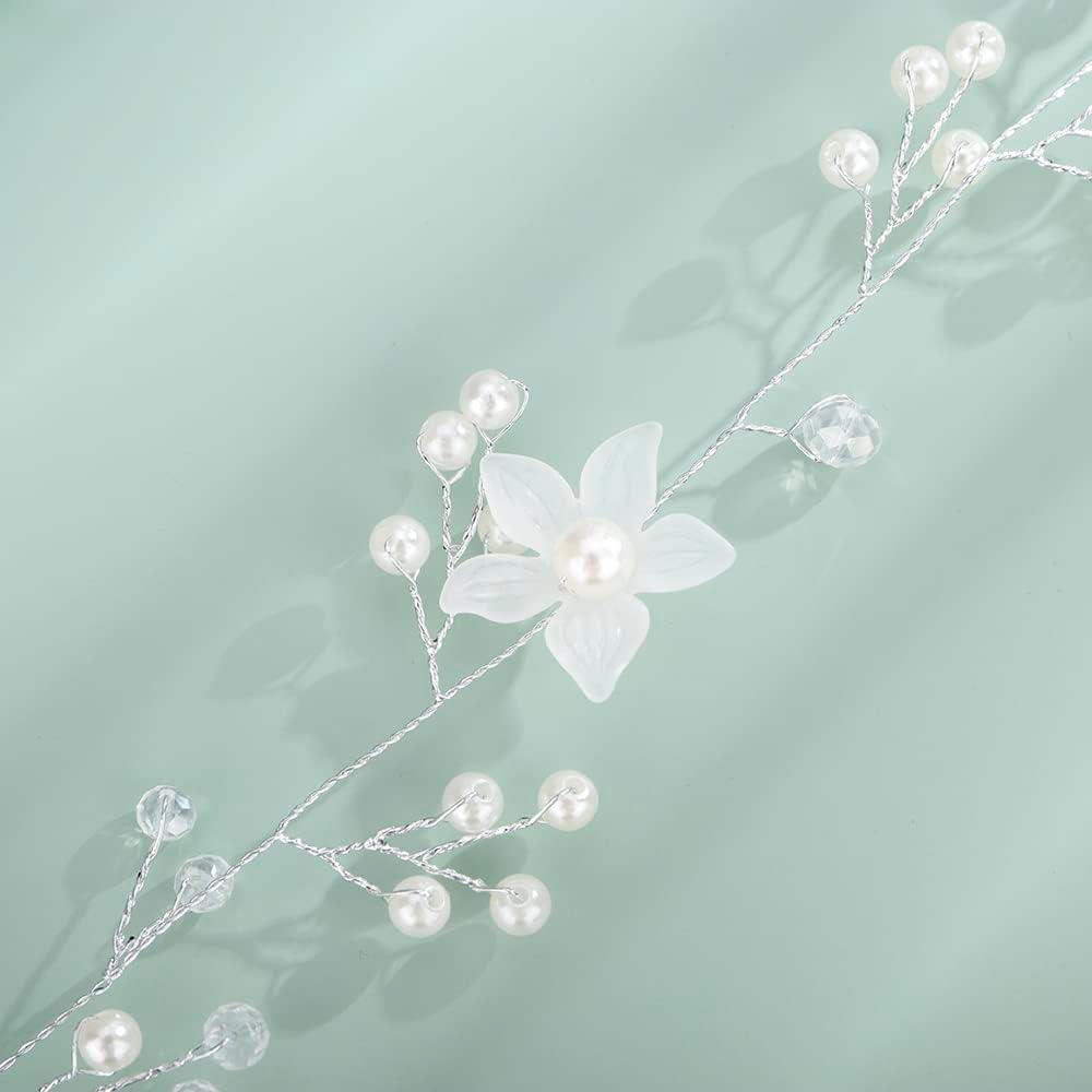 Teyglen Bride Wedding Flower Pearls Long Hair Vine Silver Rhinestone Crystal Beads Hair Vine Headband Handmade Bridal Headpieces Hair Pieces Wedding Hair Accessories Hair Jewelry for Women Girls image number 2