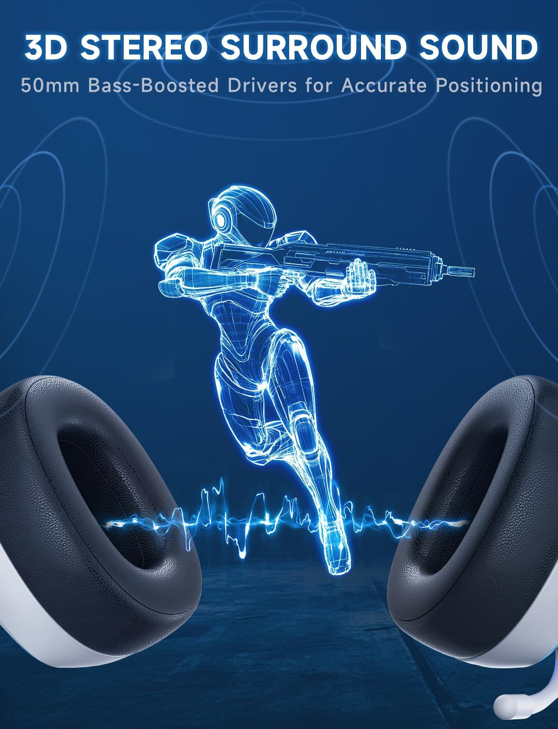 2.4Ghz Wireless Gaming Headsets for PS5, PS4, PC, Switch - Bluetooth 5.3 Gaming Headphones with Noise Canceling Mic, 7.1 Surround Sound, 70H Battery, Blue Lighting - Pearl White image number 4