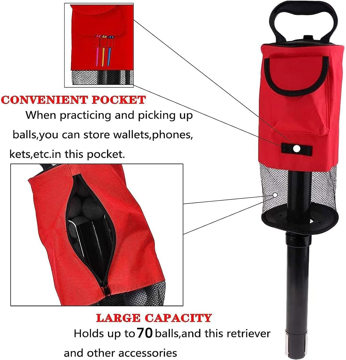 AIMALL Golf Ball Retriever Bag with Detachable Tube, Convenient Storage for 70 Balls, Easy Assembly & Disassembly, Portable Golf Accessory, Dimensions 29.53X6.3 Inches image number 2