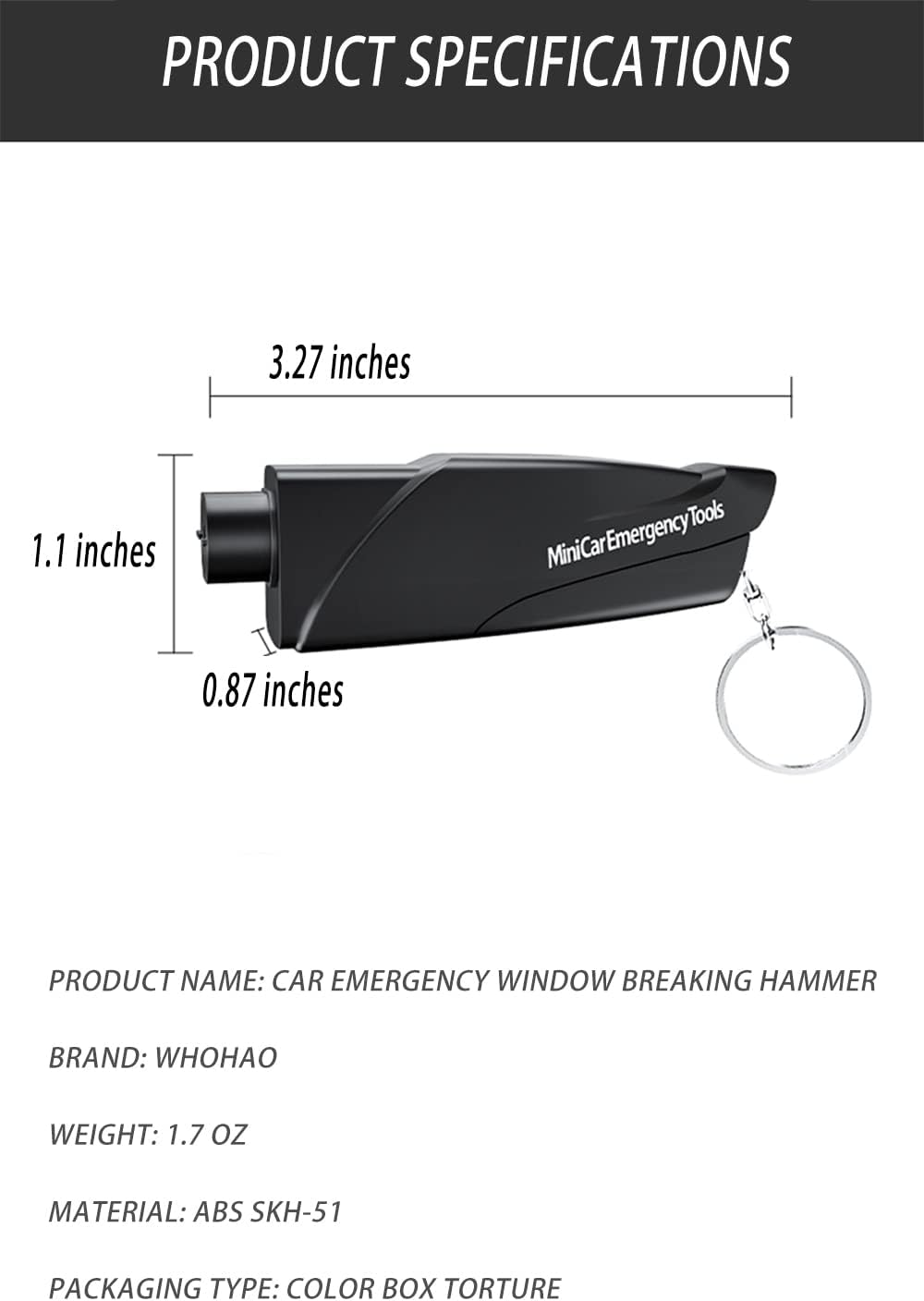 WHOHAO 4 Pack Car Window Breaker and Seat Belt Cutter, Emergency Keychain Car Escape Tool with Glass Breaker Seatbelt Cutter,Car Safety Hammer,Black image number 3