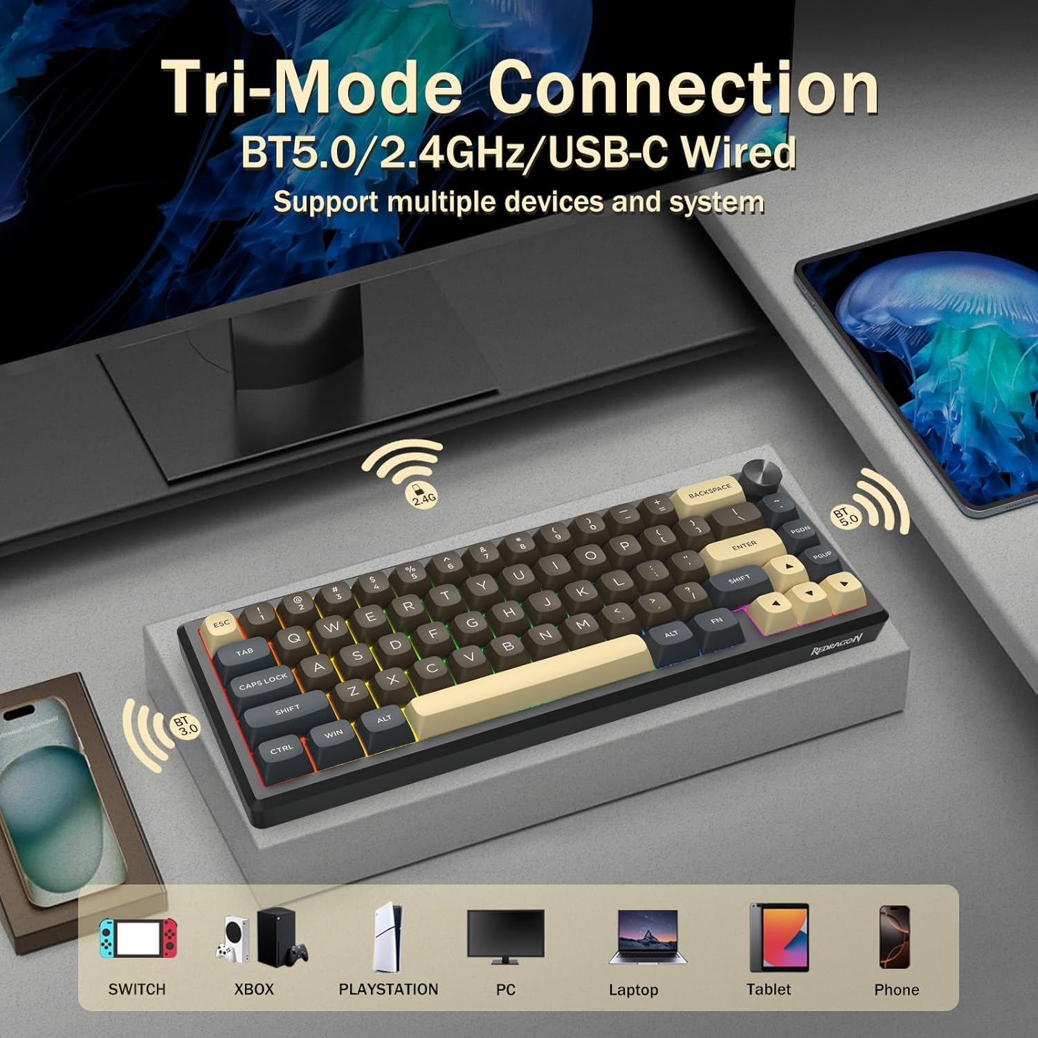 Redragon 60% Wireless Mechanical Gaming Keyboard, Full Aluminum Shell, Bluetooth/2.4Ghz/Usb-C, Creamy Sound, RGB Light, Metal Knob, Hot Swappable Pre-Lubed Linear Switches, Gasket Structure