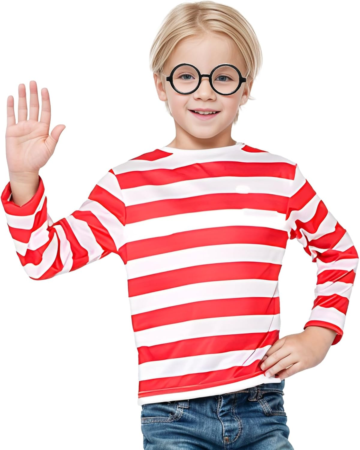 Wally Costume Kids Cosplay Accessories Set for Girls Boy Red and White Striped T Shirt Hat Glasses Walking Stick Socks Book Day Costumes image number 6