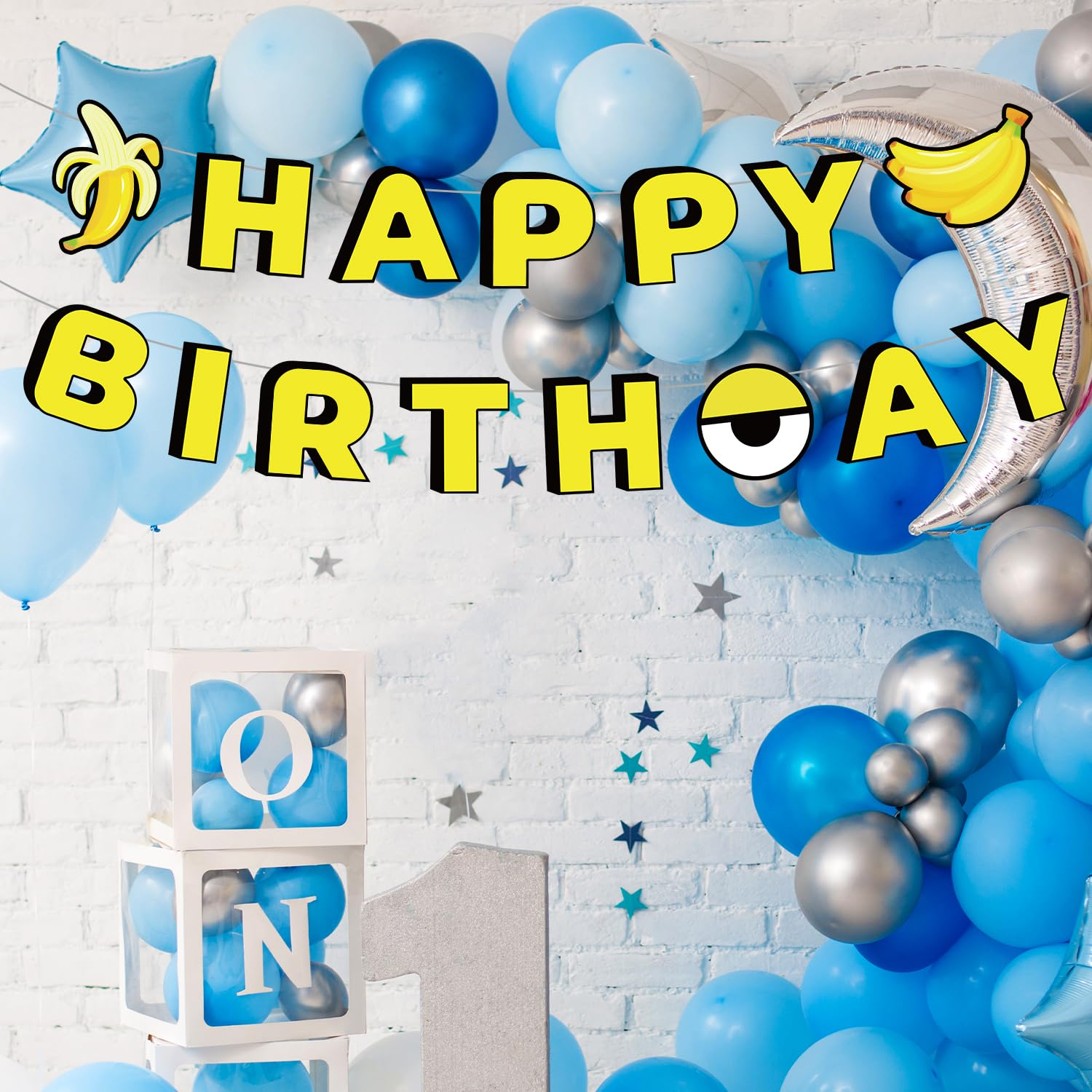 Yellow Cartoon Birthday Banner, Cute Cartoon Theme Banana Party Banner Pre-Strung Hanging Birthday Banner Decorations for Boys and Girls Birthday Party Supplies image number 4