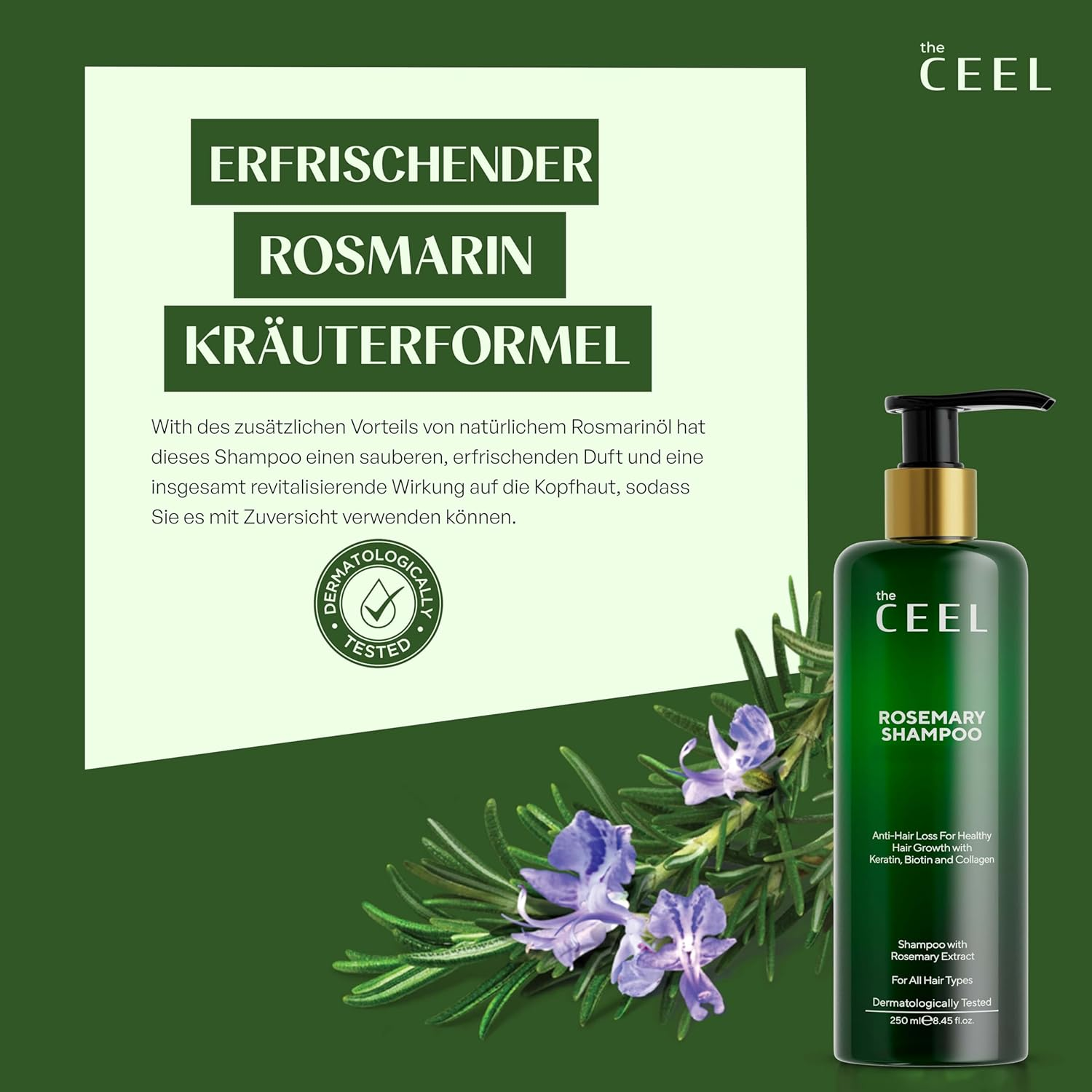 The CEEL Rosemary Shampoo with Biotin, Keratin, Collagen, Anti-Hair Loss Formula, 250Ml, Dermatologically Tested, for All Hair Types image number 5