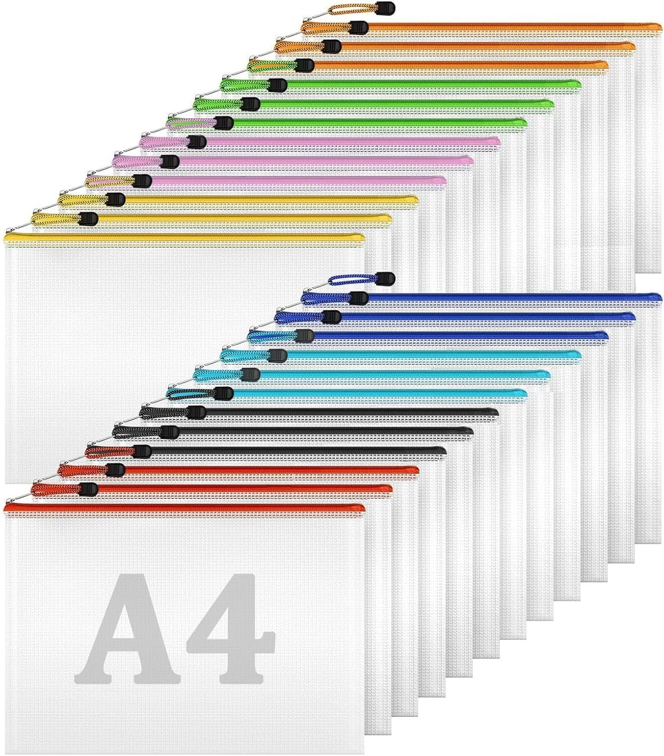 A4 Zipper File Bags, 24PCS Waterproof Plastic Mesh Zipper Pouch Document Bag, Waterproof Zip File Folders Wallets for School Office Travel Home Storage Receipts Storage