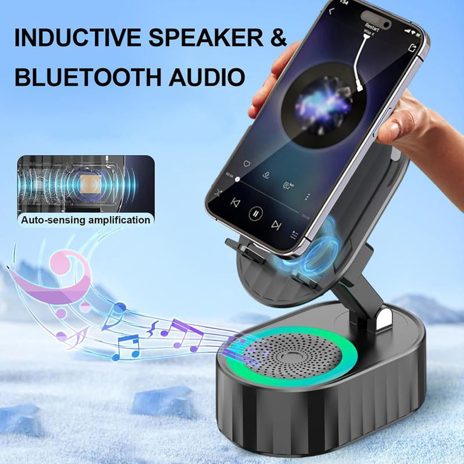 Mobile Phone Stand with Induction Speaker/Power Bank/Atmosphere Light, Bluetooth Speaker with Mobile Phone Stand, Foldable Mobile Phone Holder with LED Light, Gifts for Women and Men (White) image number 6