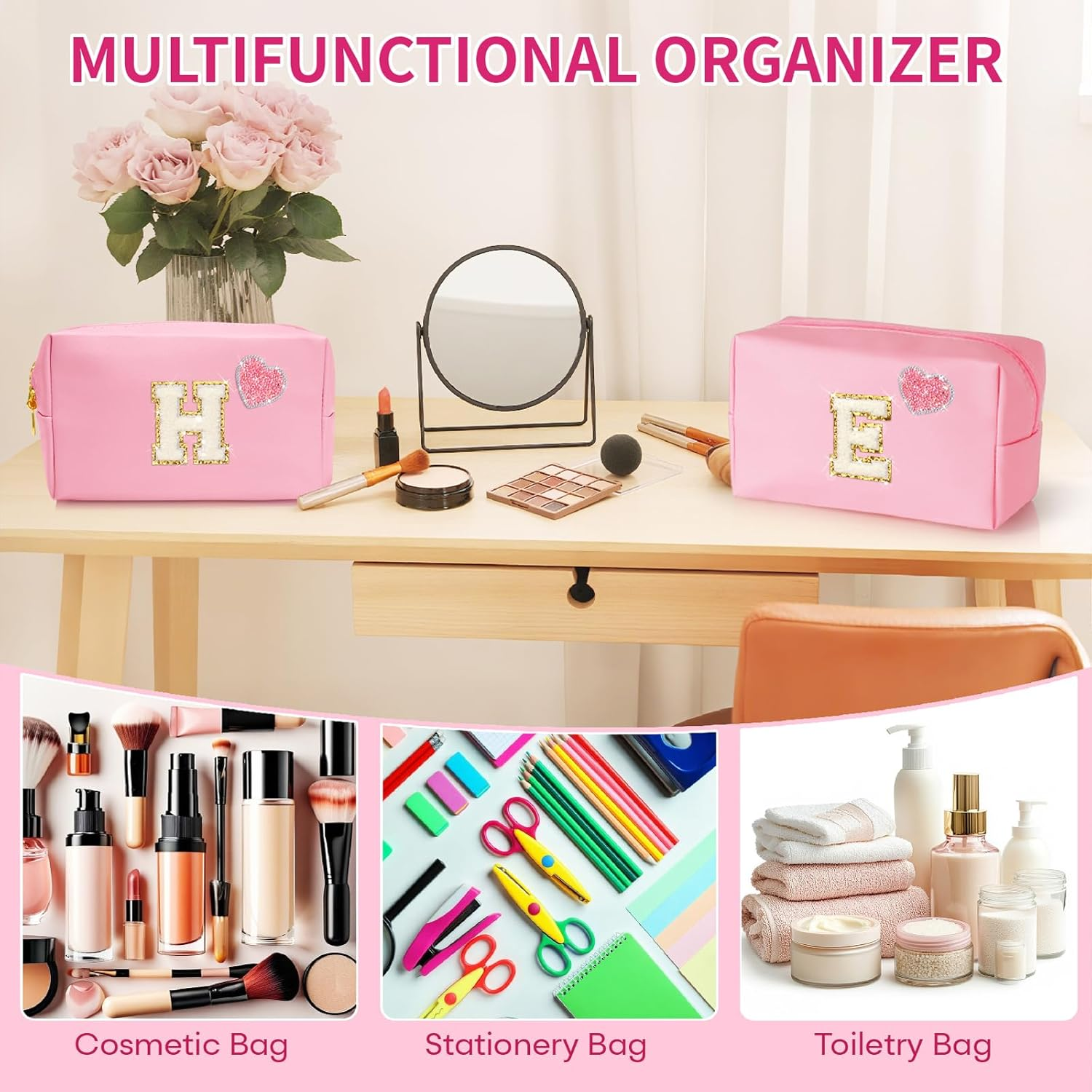 YILANCOL Personalized Initial Makeup Bag with Bling Heart Preppy Cosmetic Bag Cute Toiletry Travel Bag for Teen Girls Women Letter Makeup Pouch Purse for Holiday Birthday Christmas Gifts, Pink image number 6