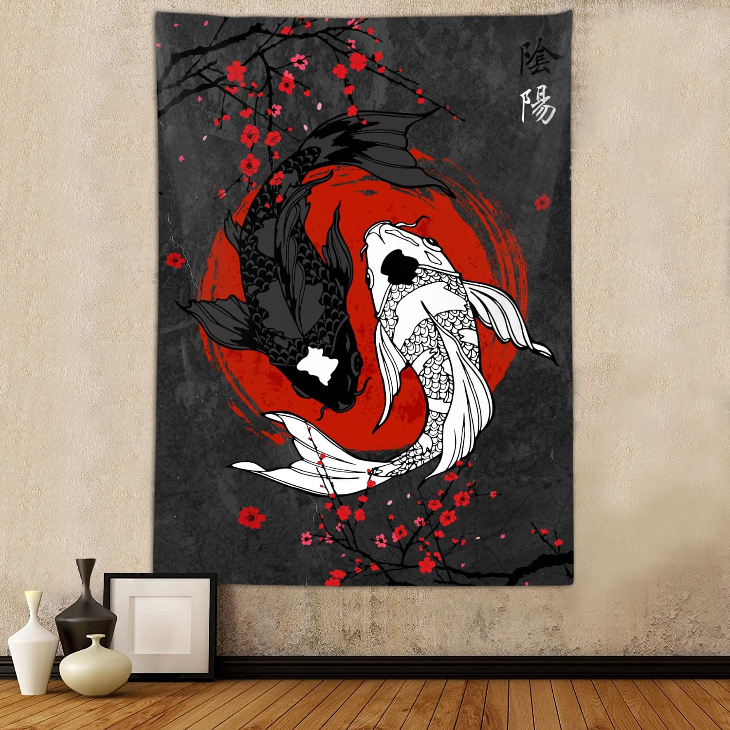 Japanese Yin Yang Koi Fish Tapestry, Cool Red and Black Anime Sakura Art Tapestries Vertical Wall Hanging for Men Bedroom Living Room Office Decor 40X60", Asian Cherry Blossoms Poster Blanket