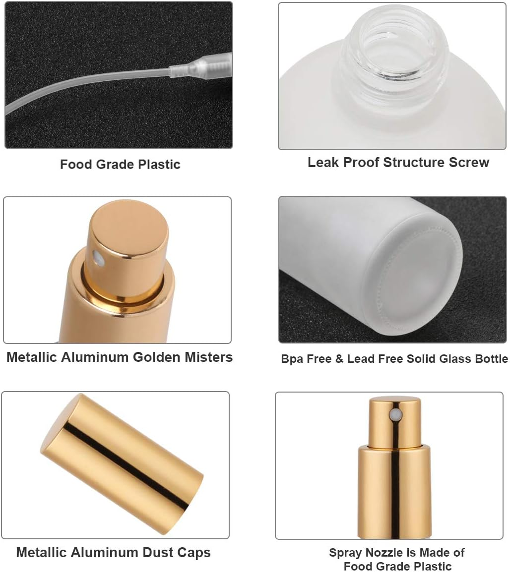 Glass Spray Bottle 3.4Oz, Empty Frosted Perfume Atomizer, Fine Mist Spray,Gold Sprayer (2 PACK) image number 4