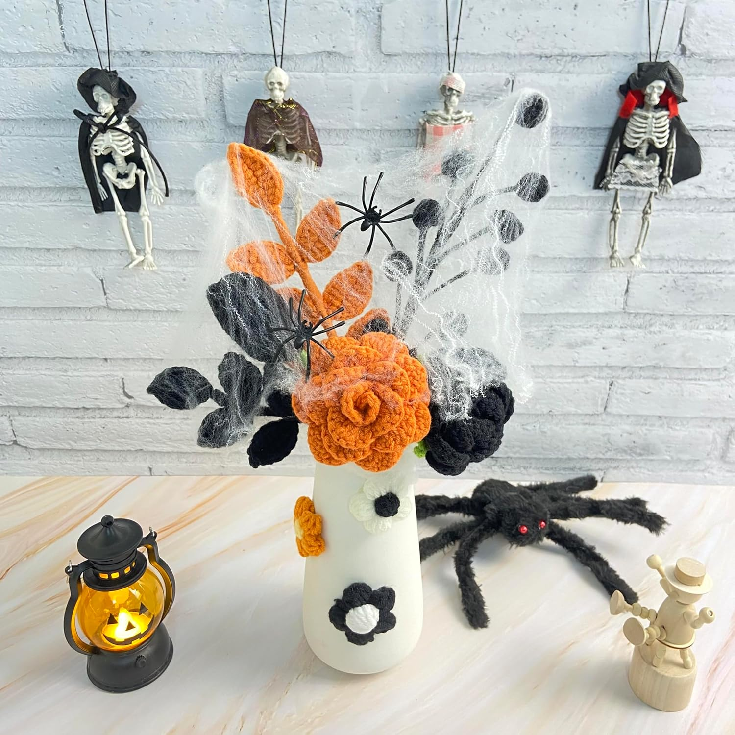 Noristyle Halloween Bouquet Crochet Flowers with Vase for Halloween Decorations Indoor, Black Orange Handmade Crochet Flowers for Home Office Desk Decor Table Centerpiece (Black) image number 2