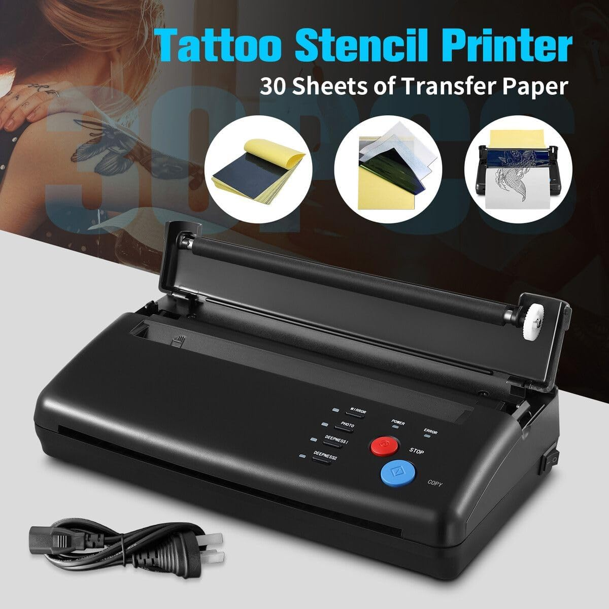 AUSWAY Tattoo Stencil Printer Maker Thermal Transfer Drawing Copier Tattooing Body Art Machine Portable DIY Project Supplies with 30 A4 Paper for Artist Shop image number 3