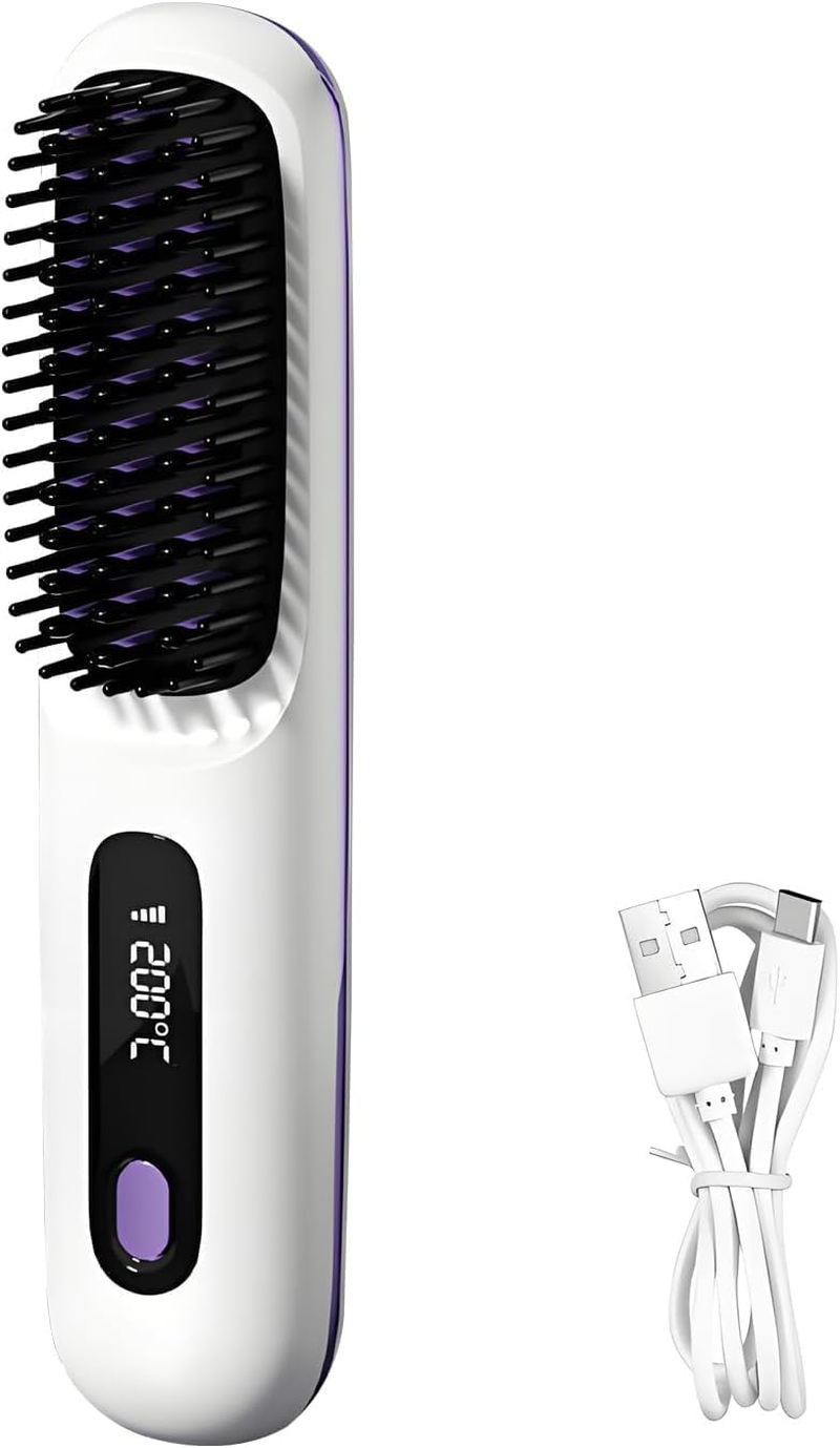 QUMOX Cordless Hair Straightener Brush, Portable Straightening Brush for Travel, Mini Hot Ionic Straightener Comb for Women, Ceramic Coating, Lightweight for Touch-Ups, White (Charger Not Included)