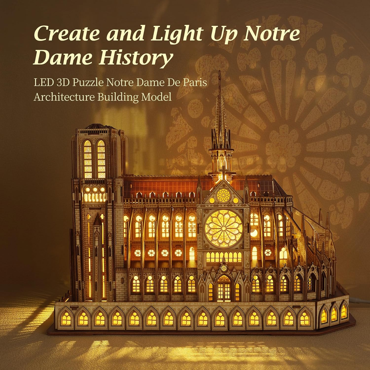 FUNPOLA LED 3D Wood Puzzle - Notre Dame De Paris Architecture Model-Night Edition with LED Lighting- DIY Building Model Craft Kit, Architecture Building Set image number 3