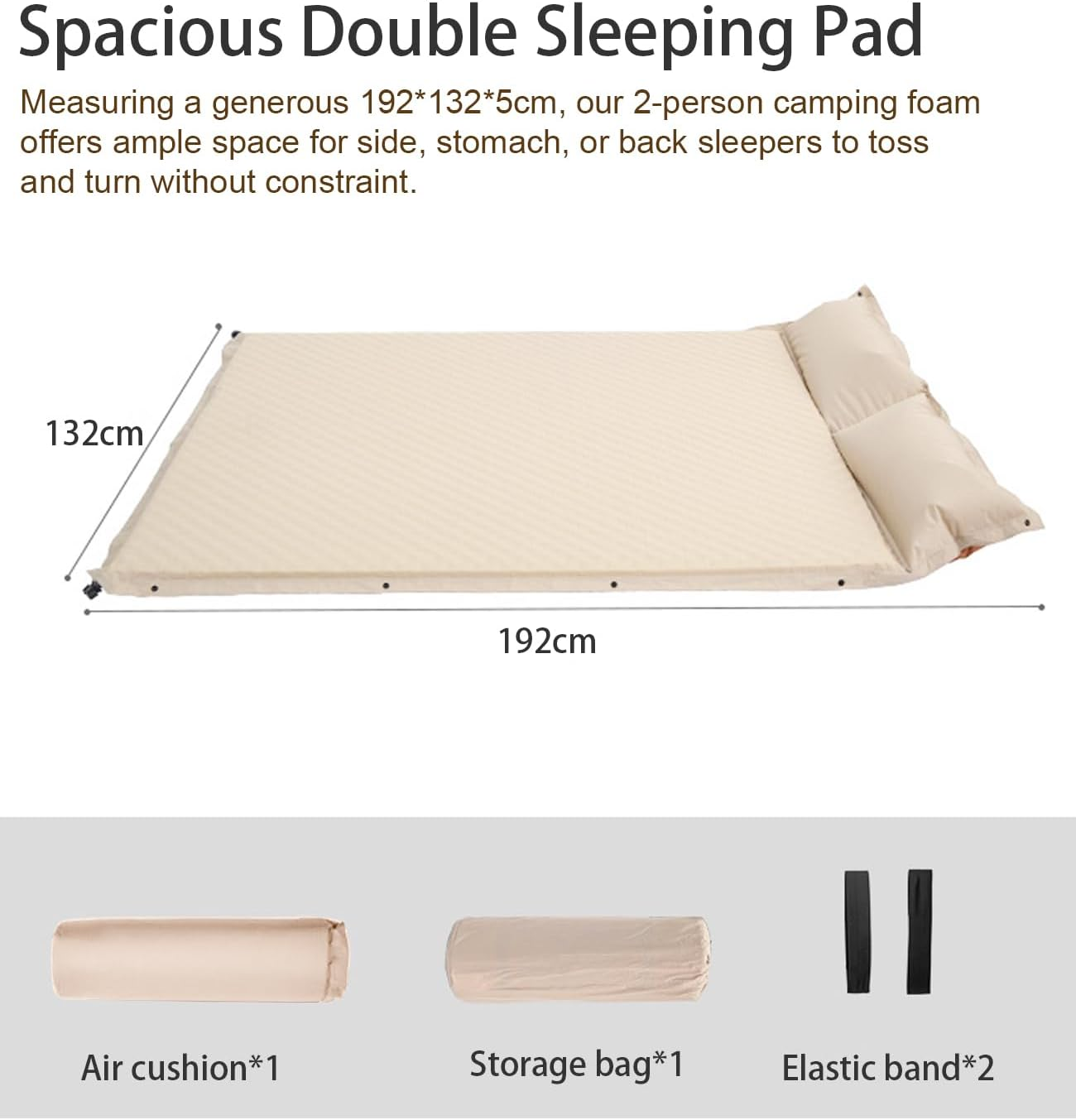 Double Sleeping Pad for Camping, 5CM Ultra-Thick Self Inflating Camping Pad with Pillow, Lightweight Camping Mattress Pad, Built-In Foot Pump, Portable Sleeping Mat for Hiking, Backpacking (Khaki)